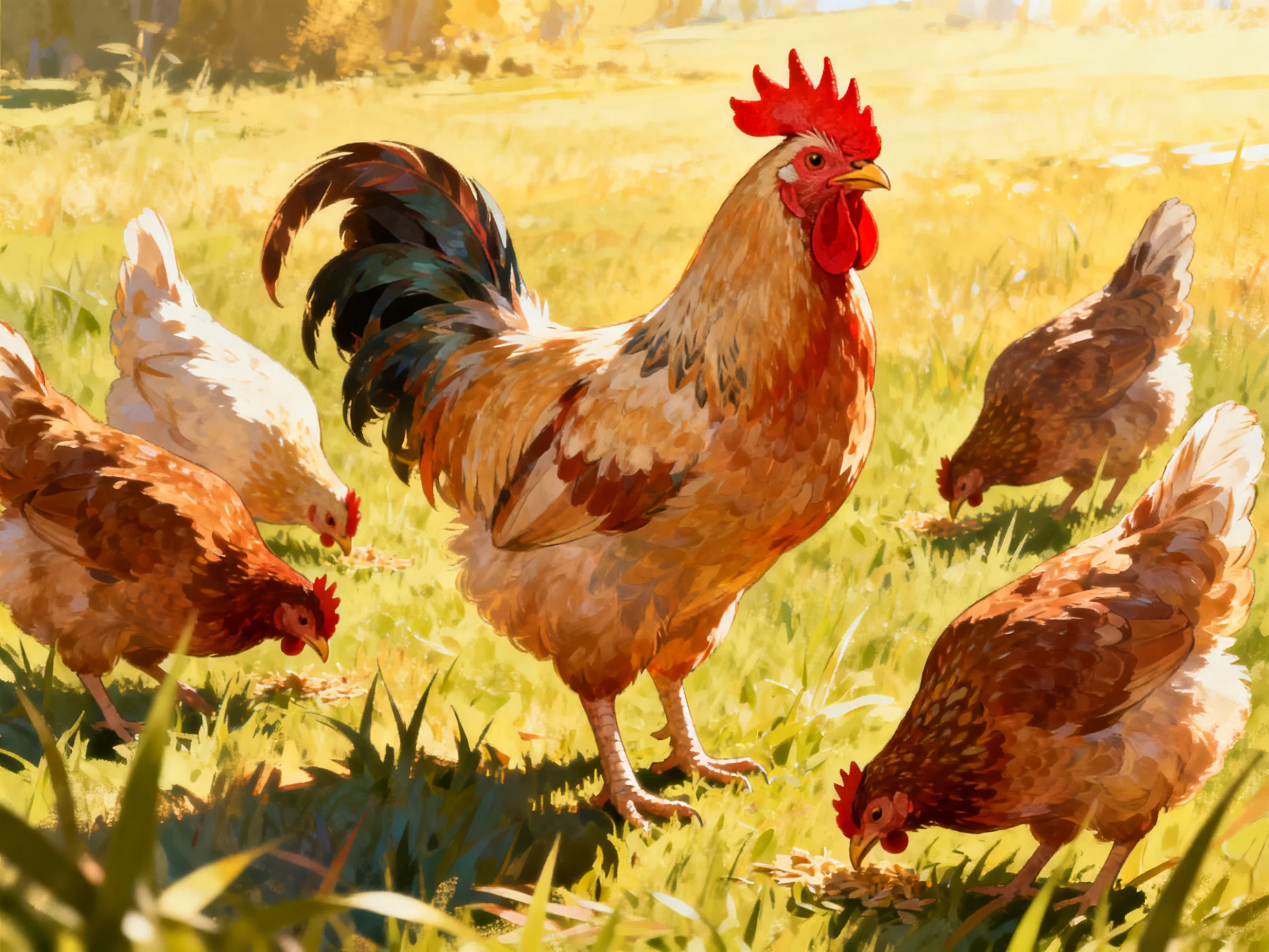 A rooster leads five chickens foraging in a sunlit meadow