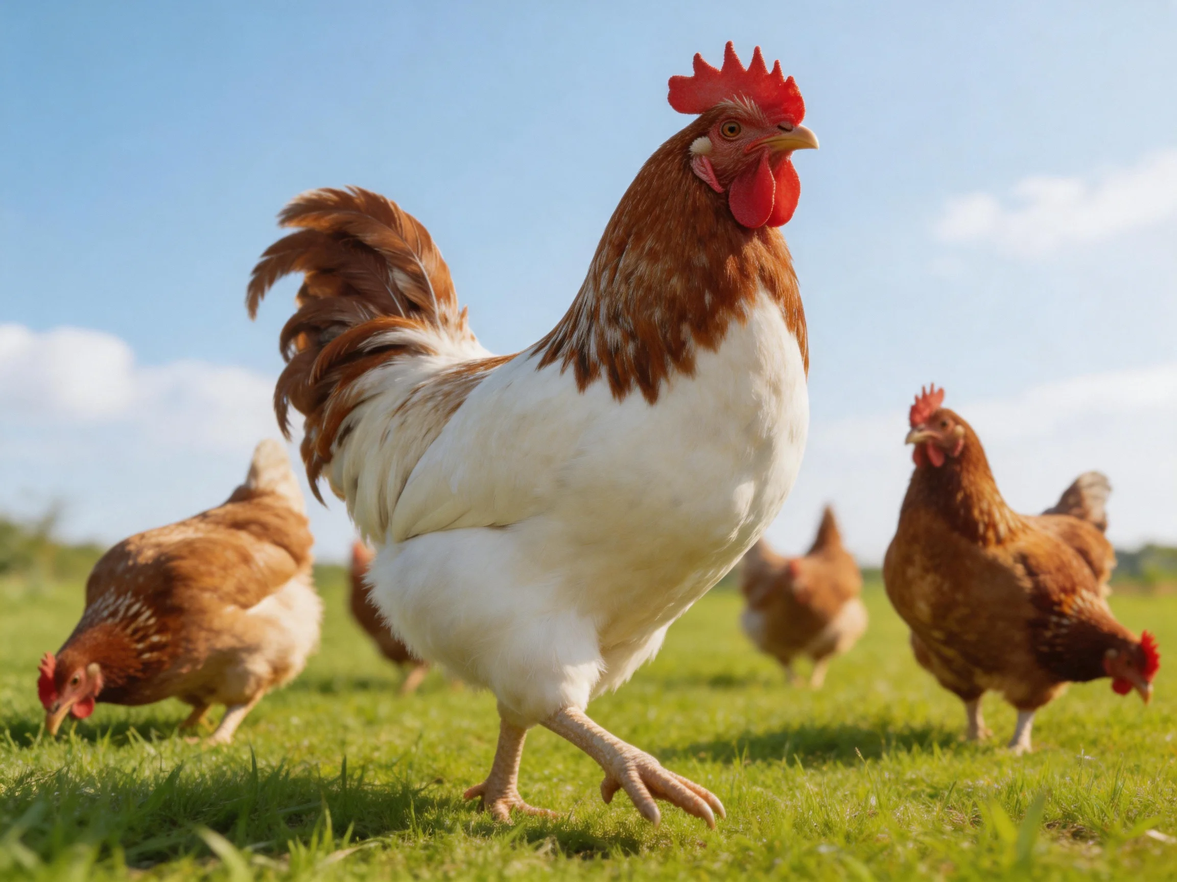 A rooster leads four hens in a lush green field under bright blue sky