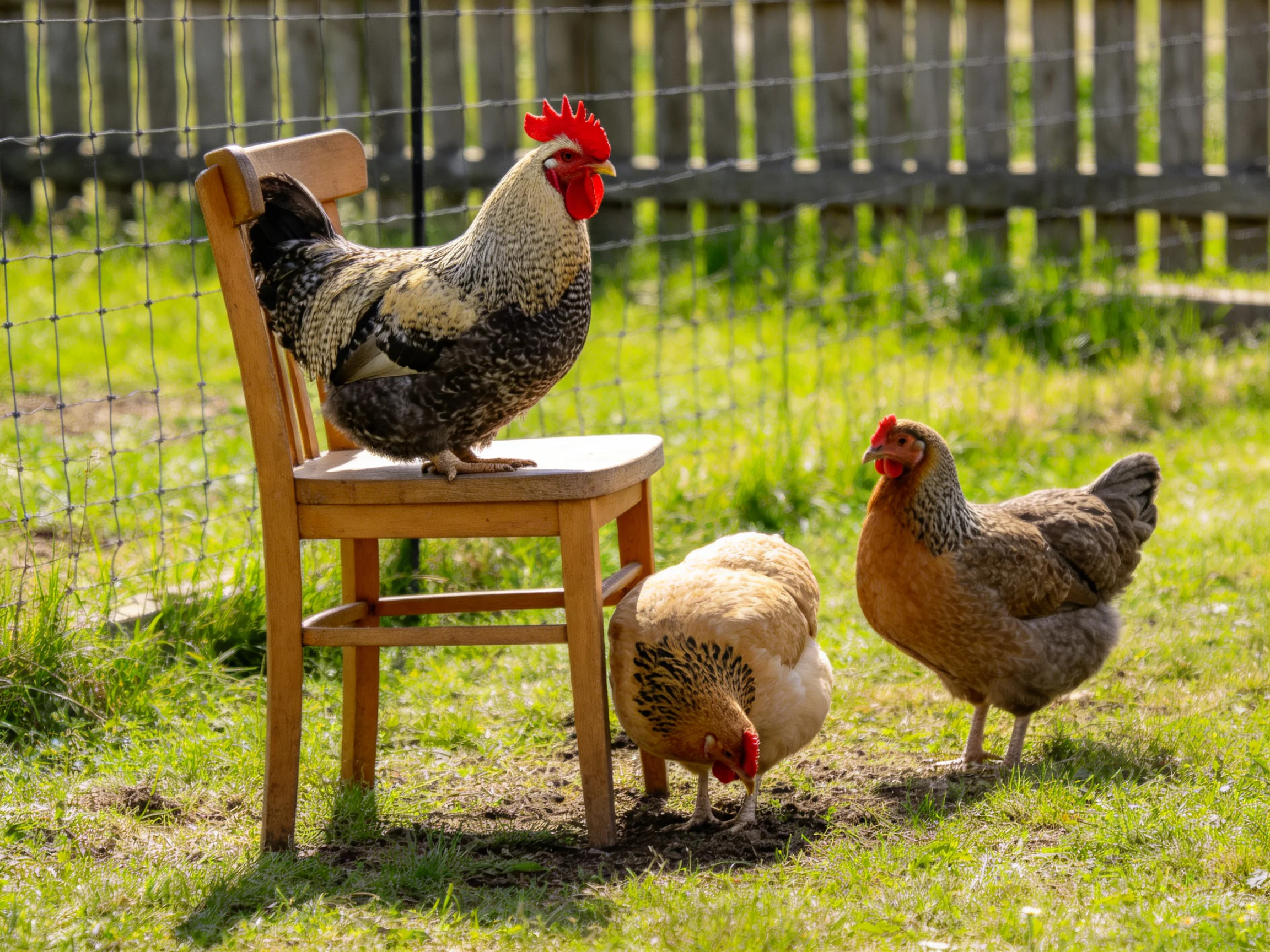A rooster perches on a wooden chair beside two hens foraging