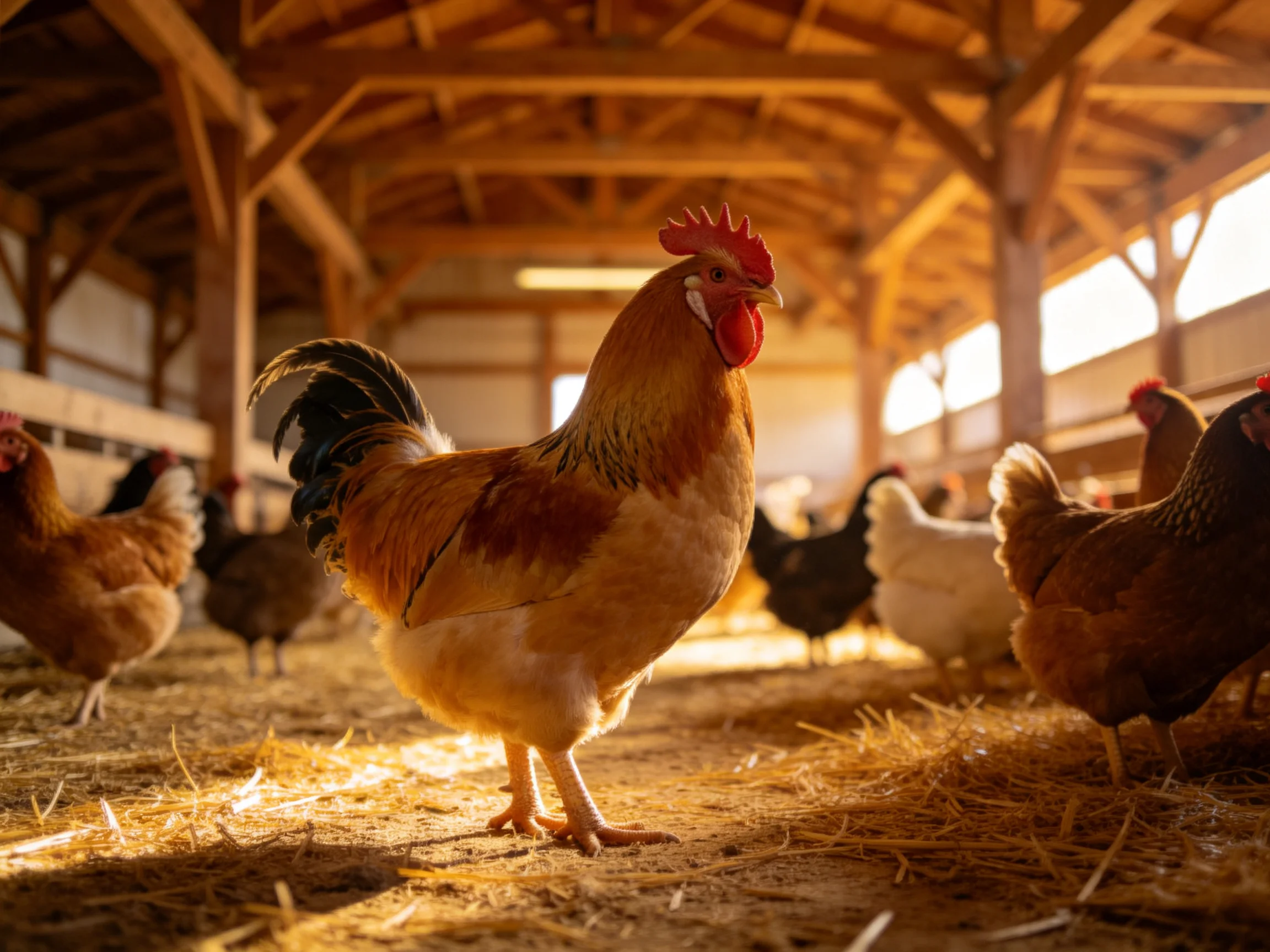 A rooster stands prominently among colorful chickens in a sunlit barn