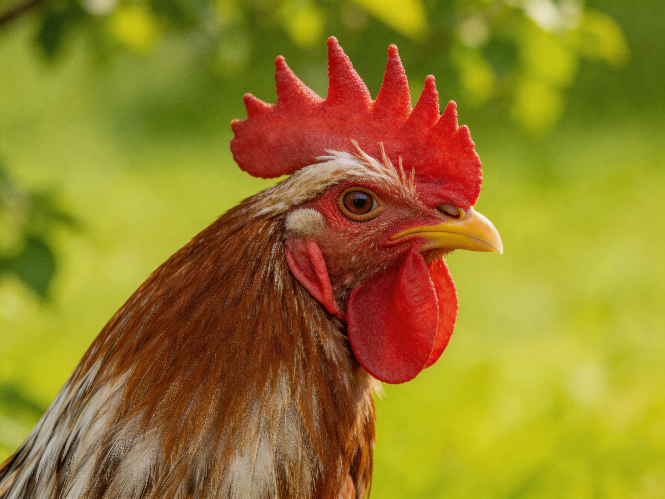 A rooster with a bold red comb and mixed brown-white feathers amid a green landscape