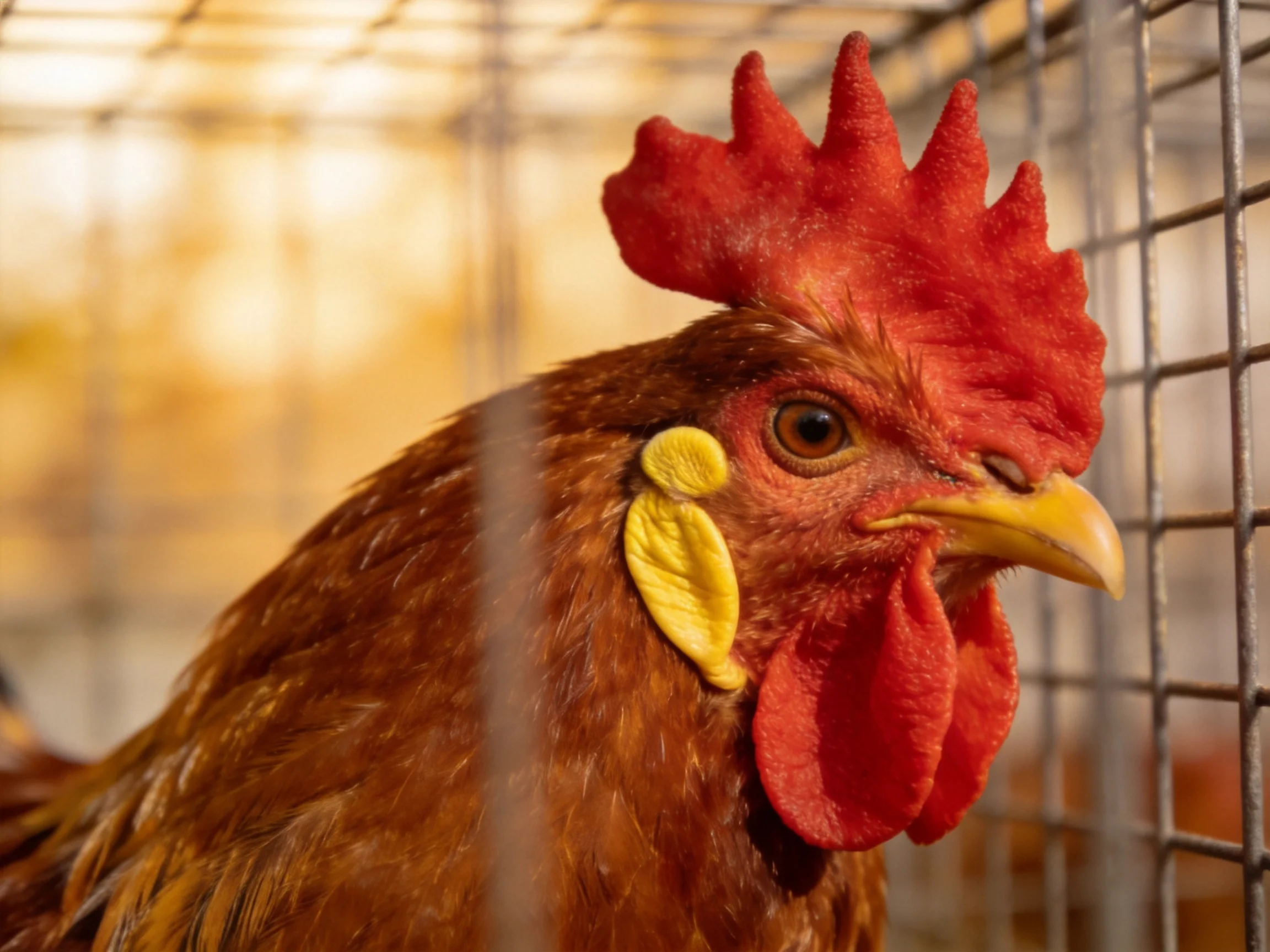 A rooster with a bright red comb and brown feathers inside a metal cage