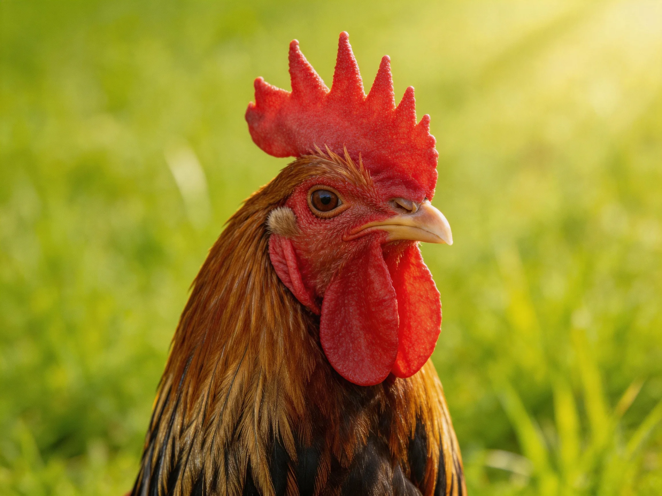 A rooster with a bright red comb and brown plumage in a sunlit meadow