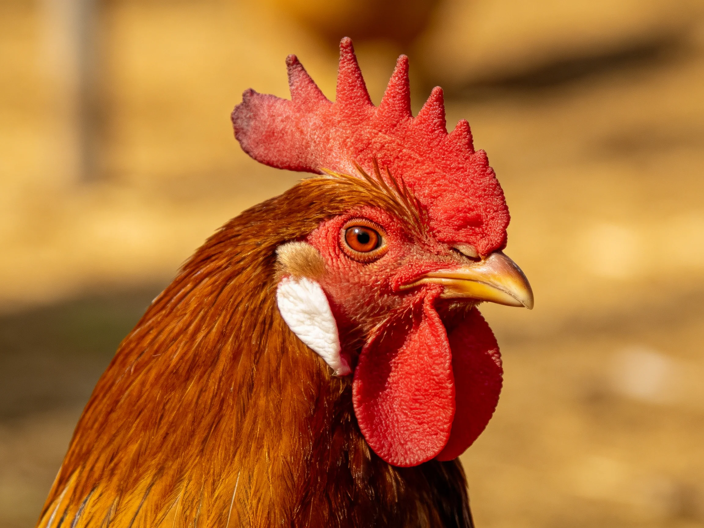 Close-up of a rooster with a prominent red comb.