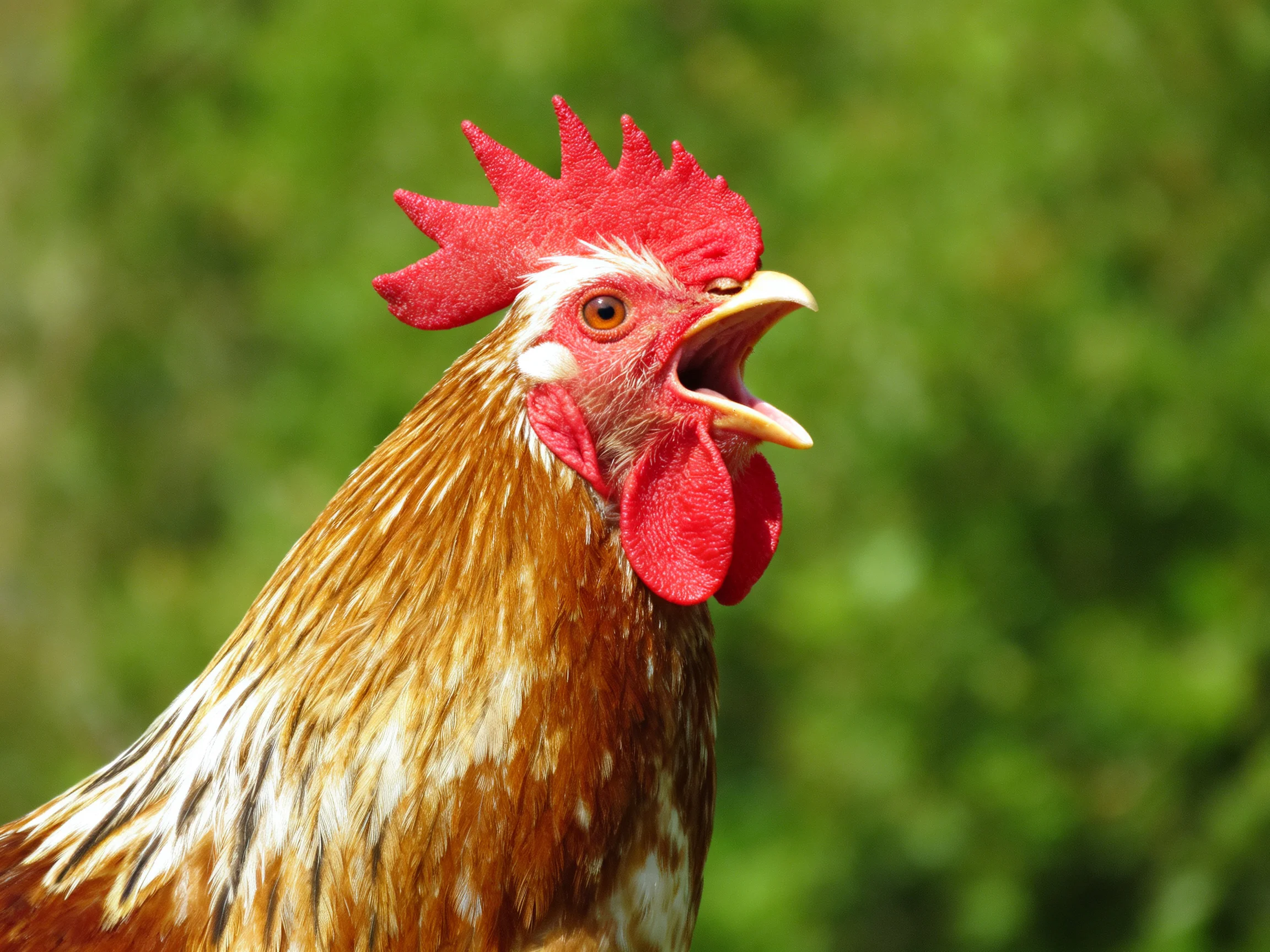 A rooster with colorful plumage and a red comb is displayed before green foliage.
