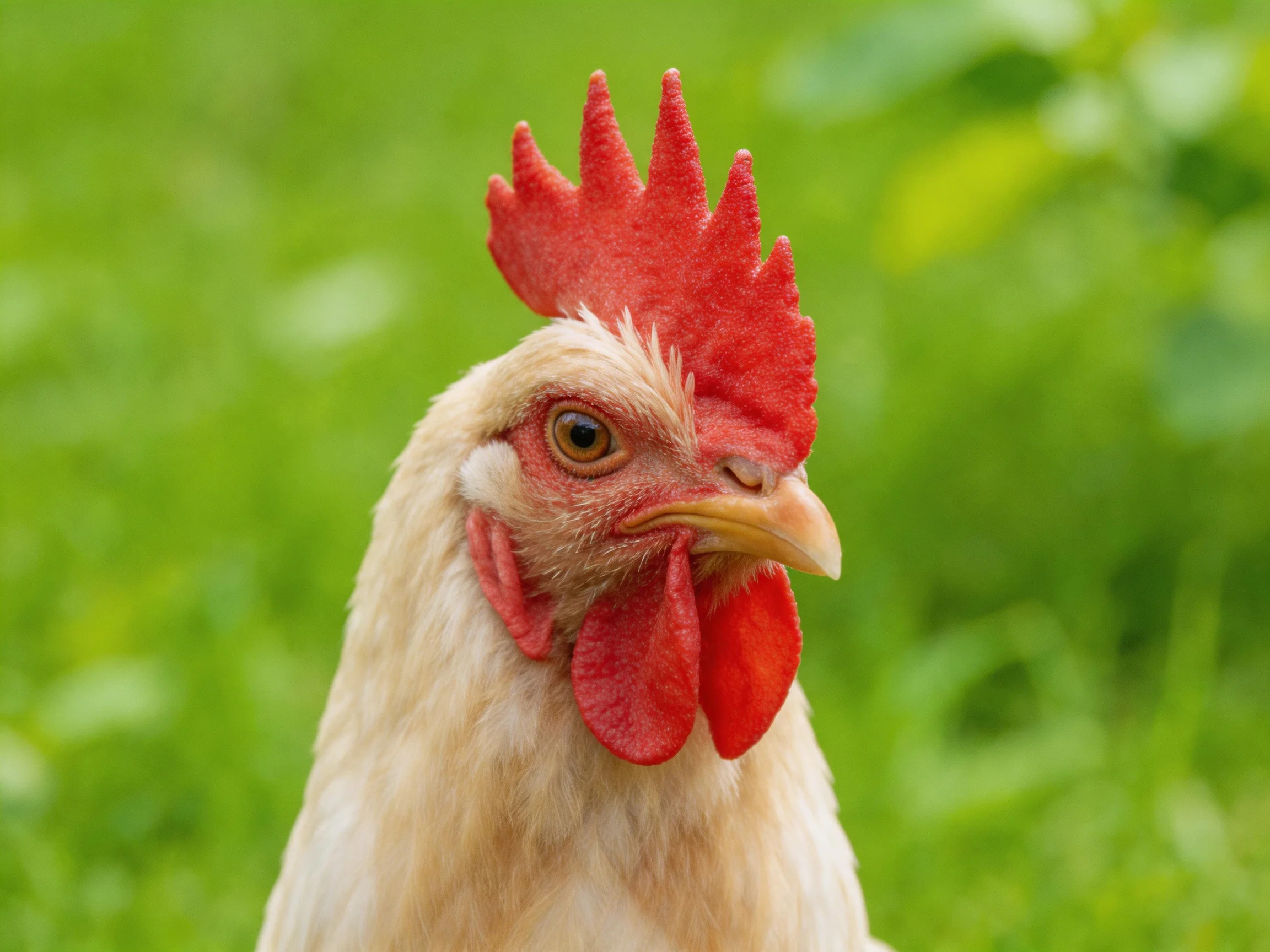 A rooster with a red comb is photographed closely against a green background.