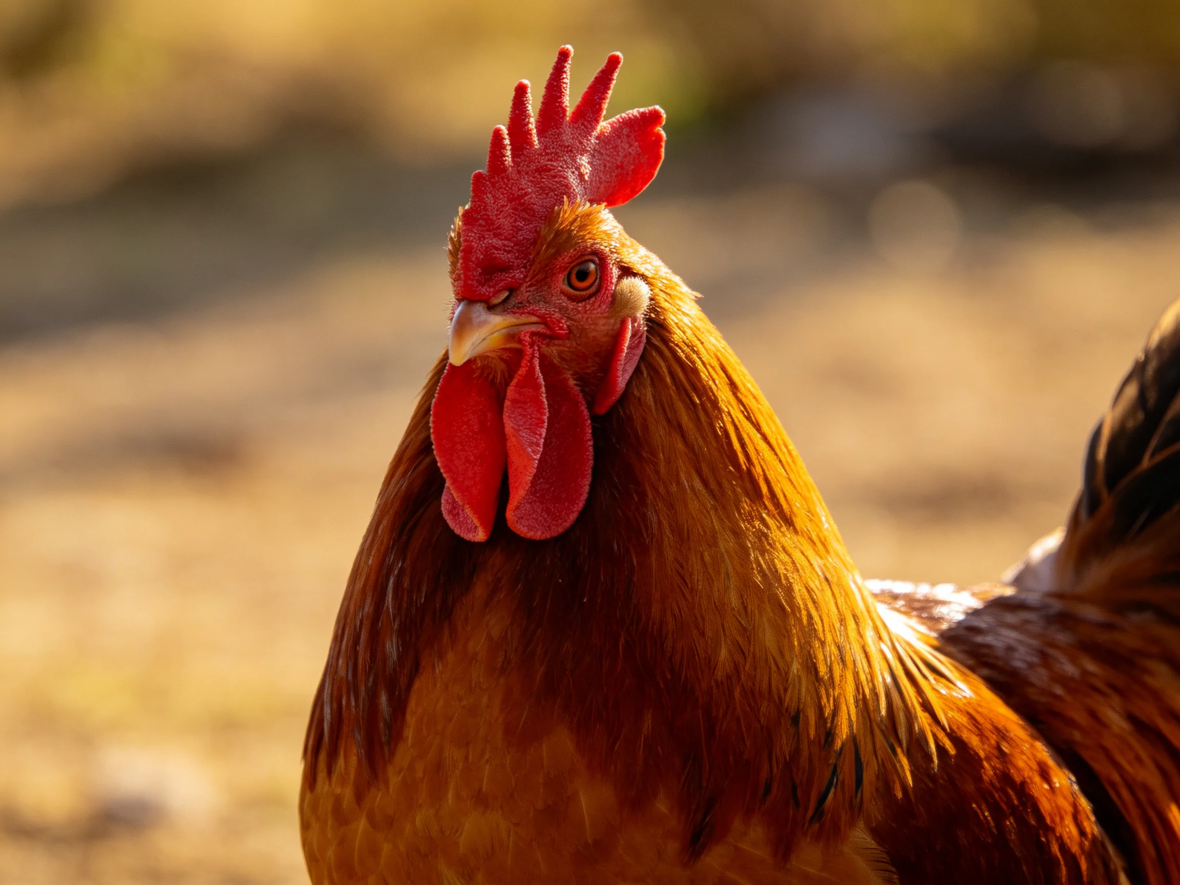 A rooster with a bright red comb stands out in a sunlit, blurred outdoor scene.