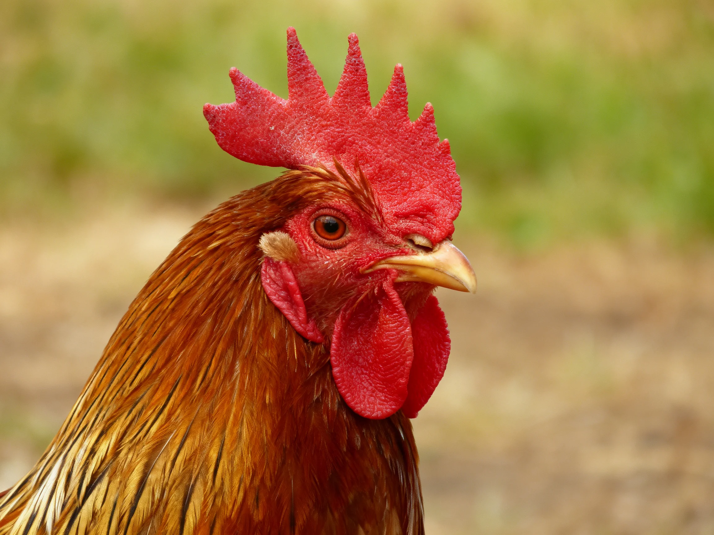A rooster with a bright red comb and golden-brown plumage