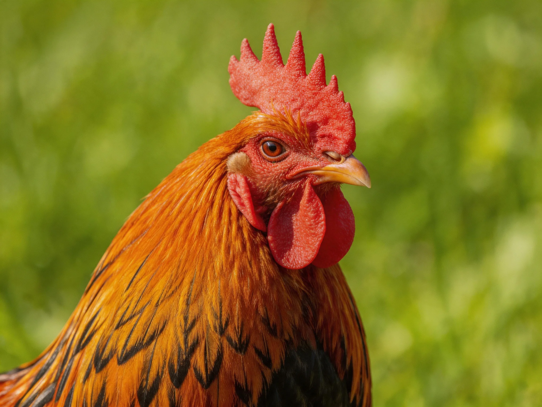A rooster with a bright red comb and golden feathers in a green outdoor setting