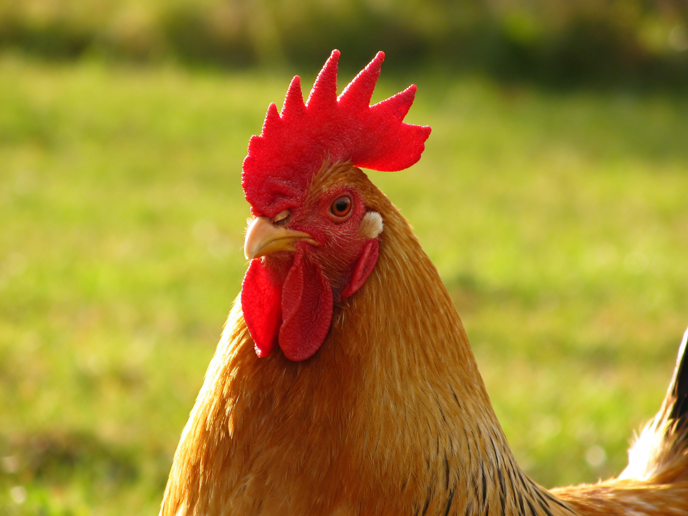 A rooster with a bright red comb and golden feathers in a sunlit green pasture