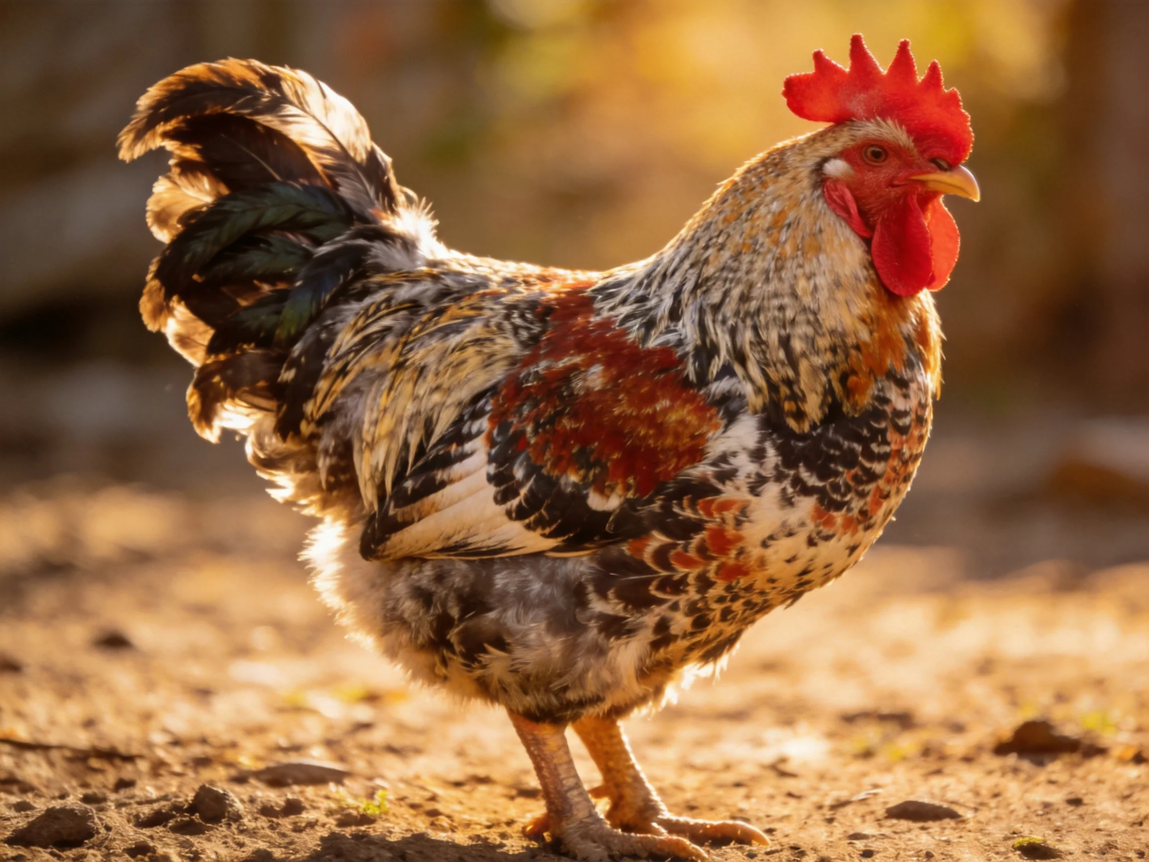 A rooster with a bright red comb and multicolored plumage stands on sunlit dirt.