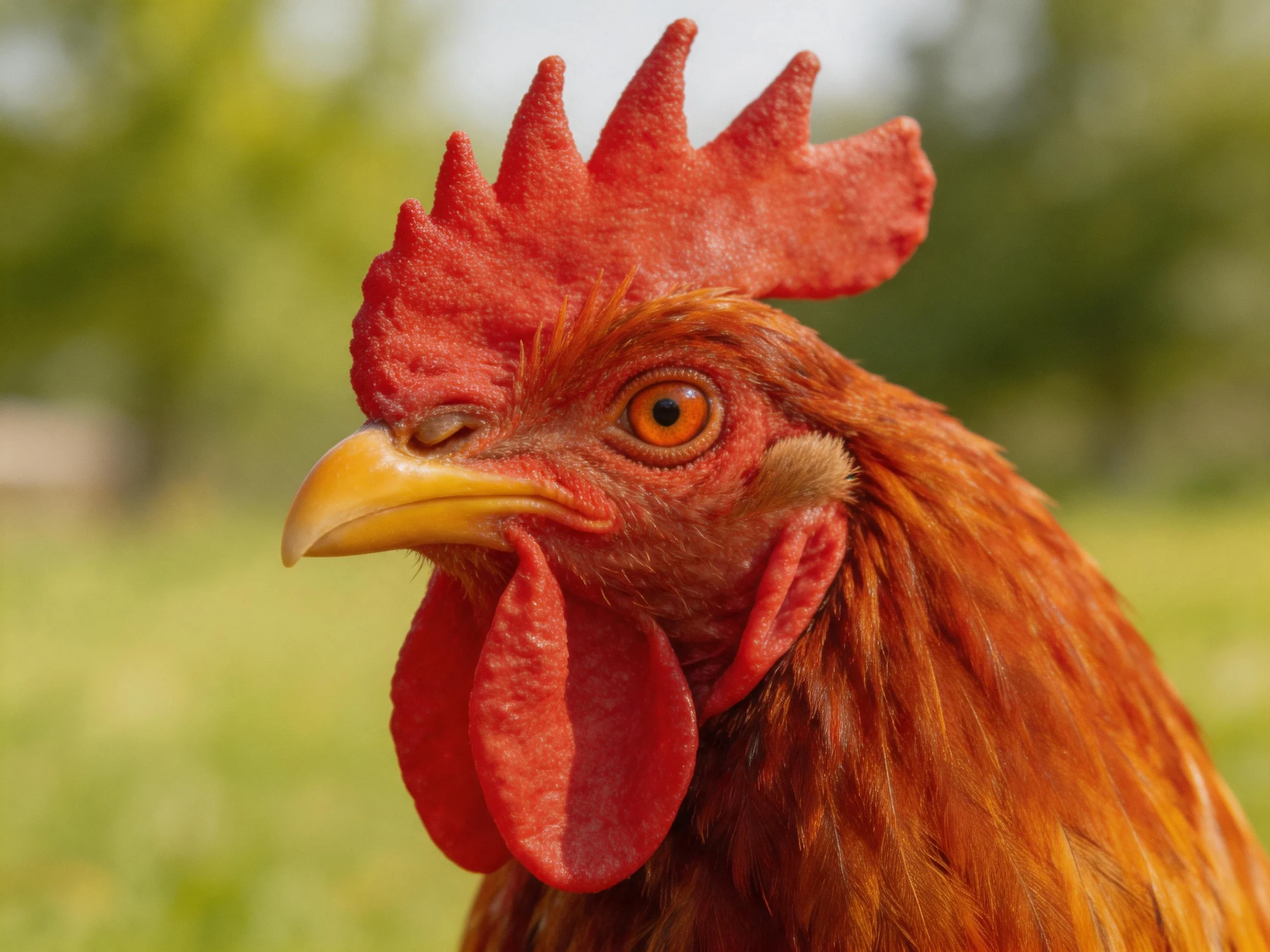 Close-up view of a rooster showcasing its red comb and brown feathers outdoors.