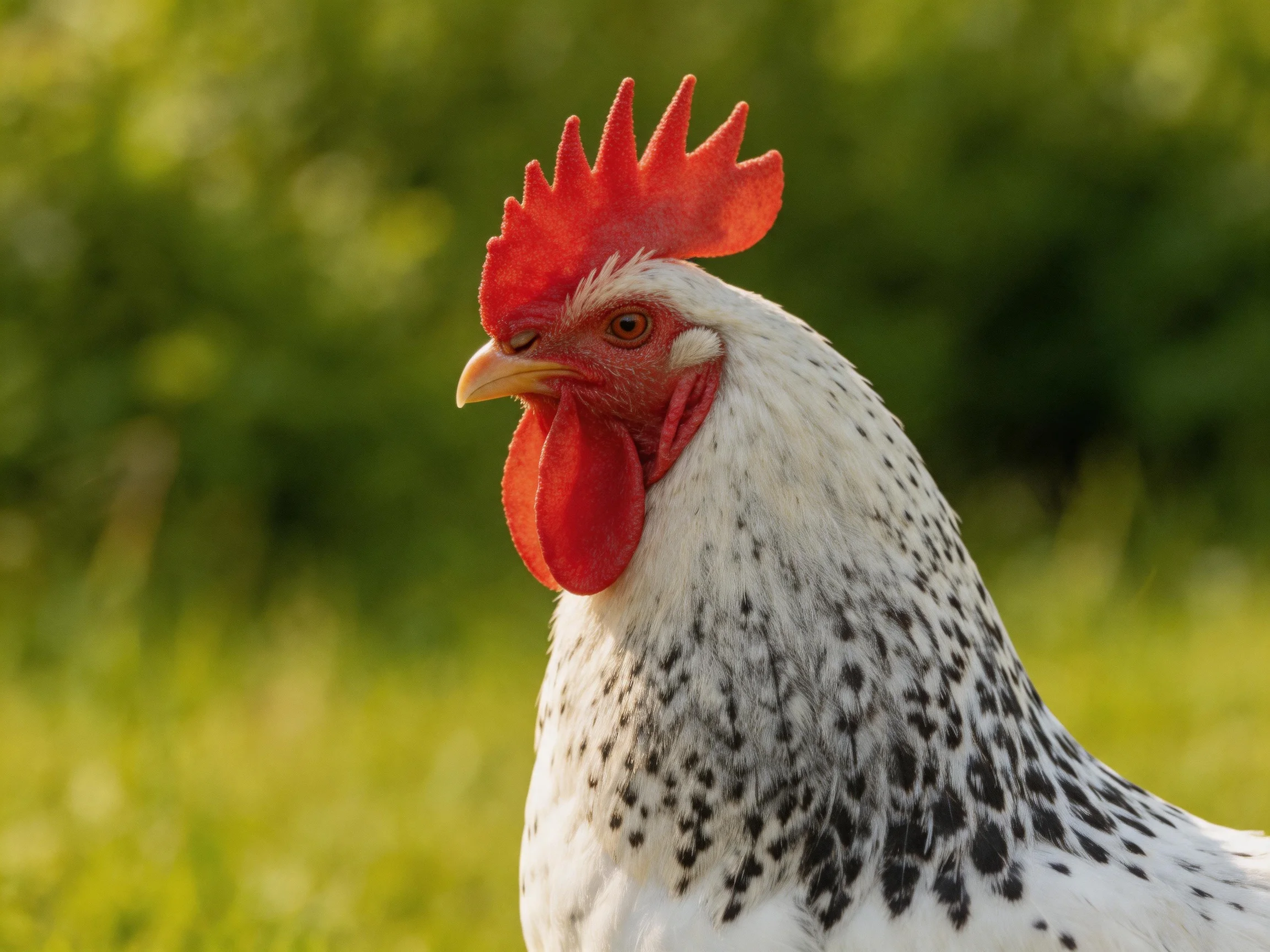A rooster with a vibrant red comb is depicted outdoors against a blurred green backdrop.