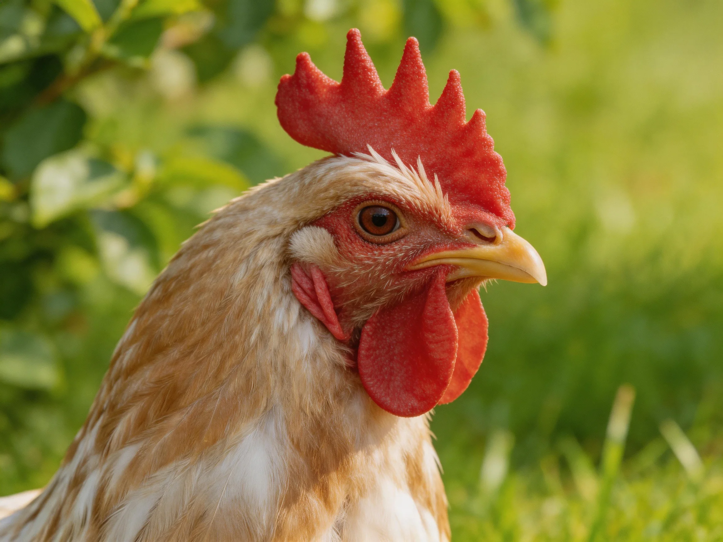 A rooster with a bright red comb and yellow beak in a green outdoor setting