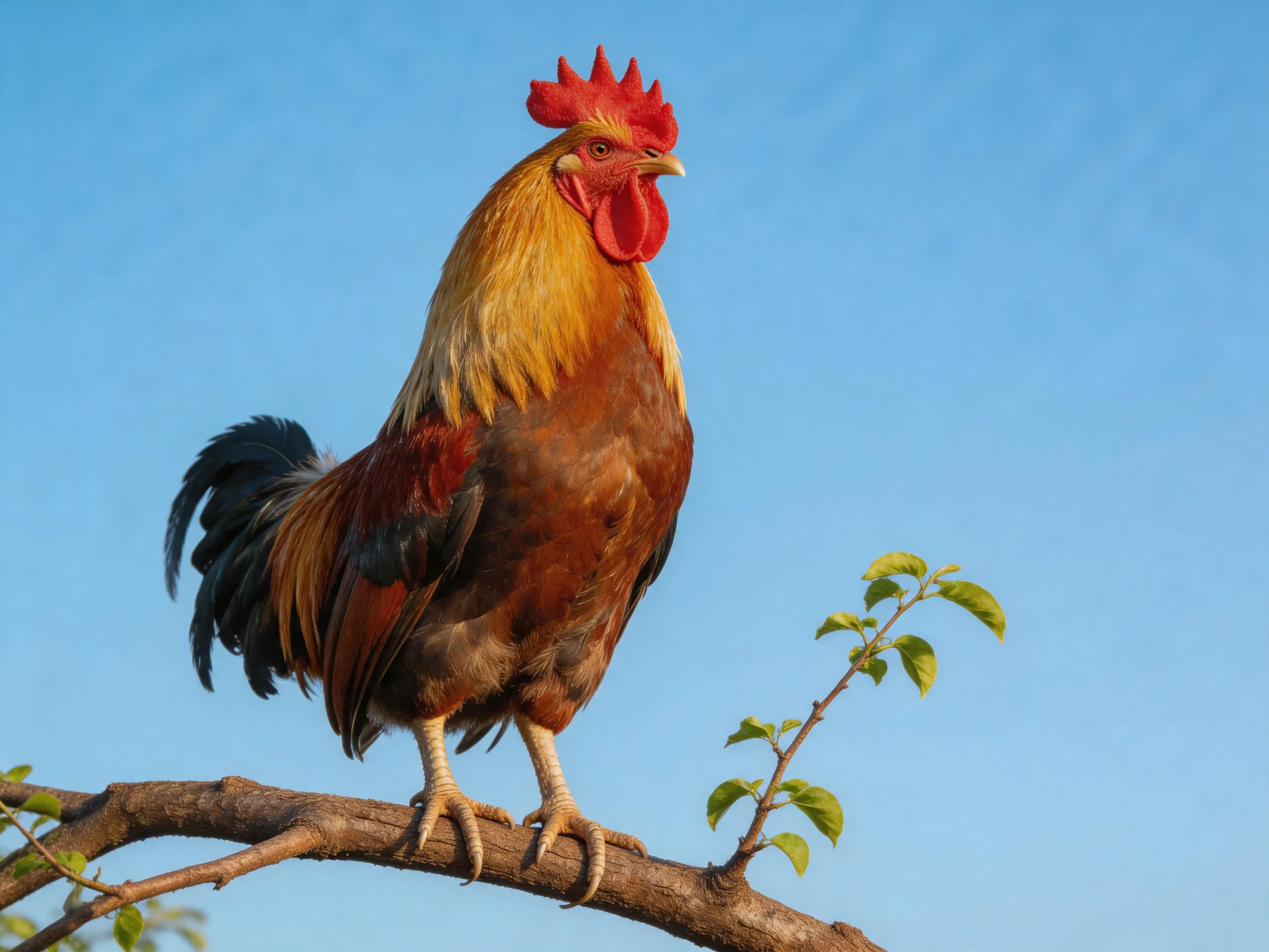 A rooster with a bright red comb perches on a branch with green leaves under a clear blue sky