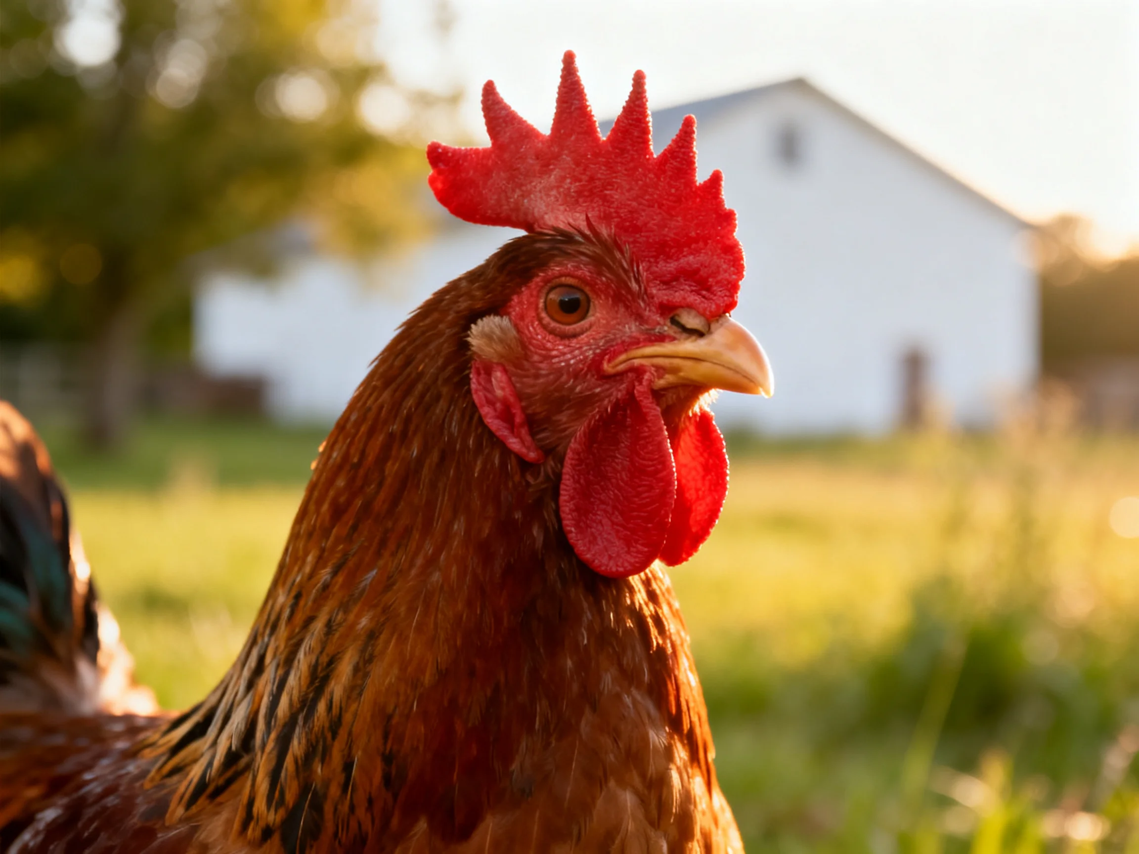 A rooster with a bright red comb is positioned near a white barn in a sunlit rural setting.
