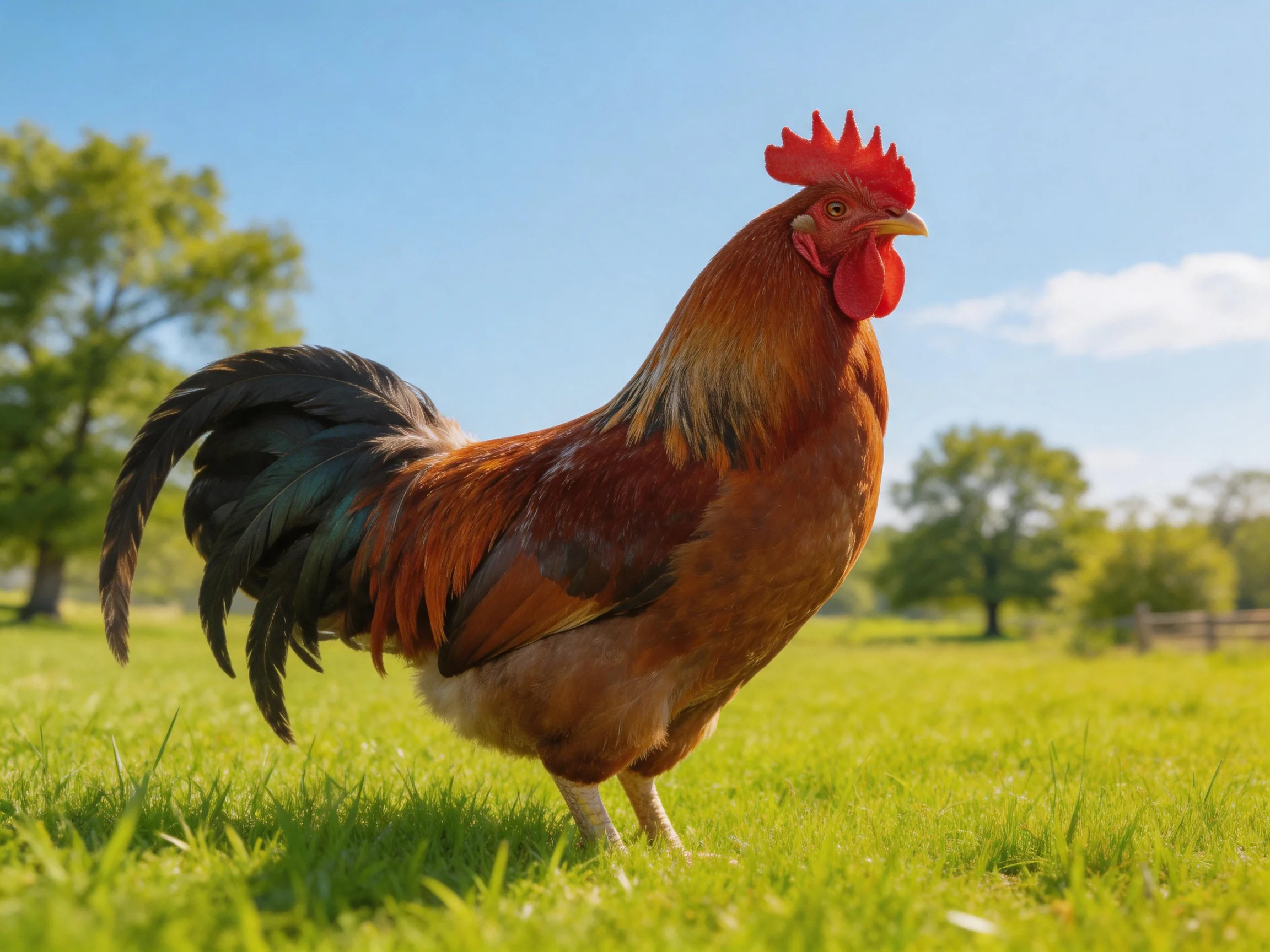 A rooster withcolorful plumage stands in a sunny grassy field.