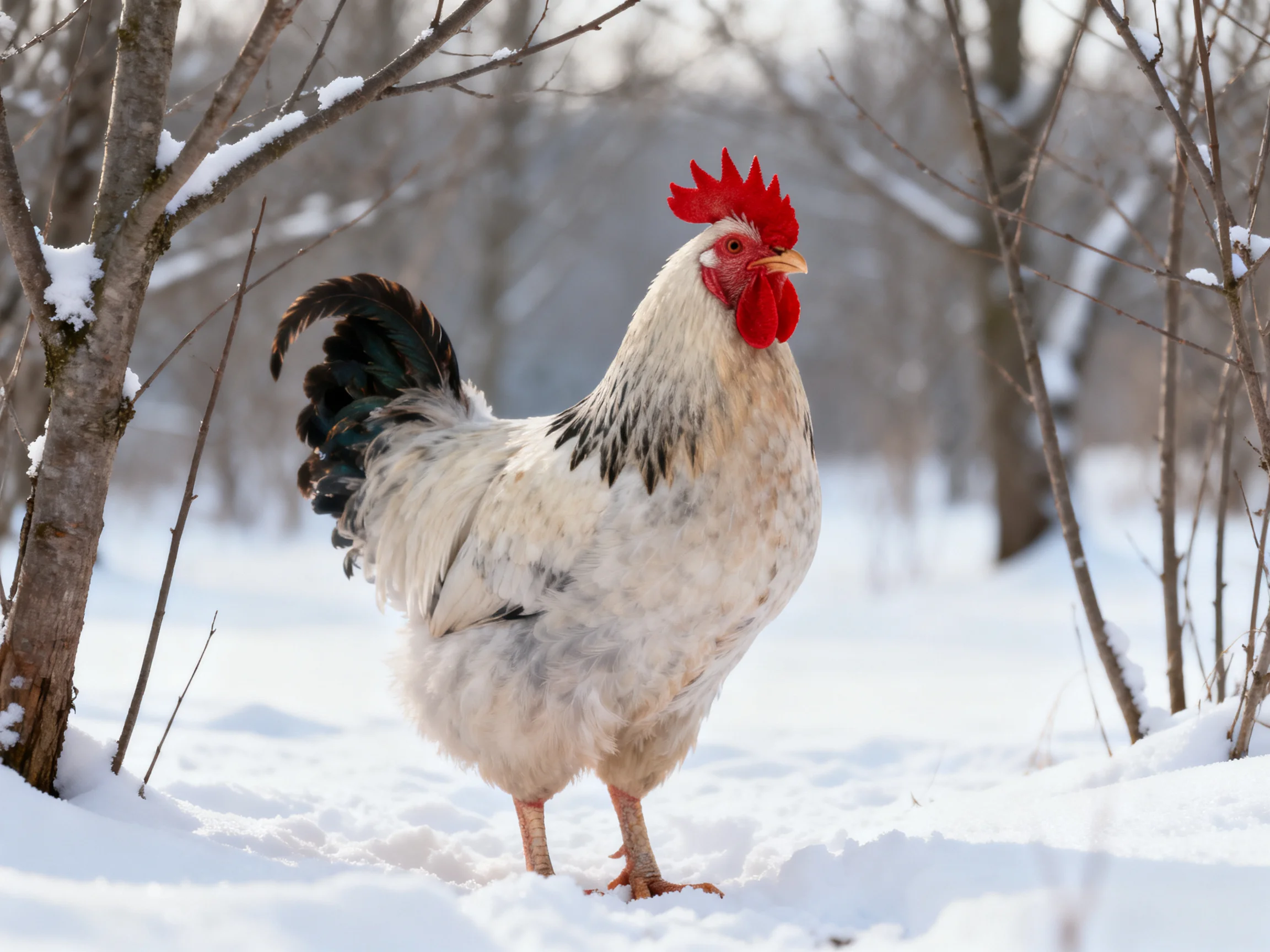 A rooster is in a snowy landscape with leafless trees.