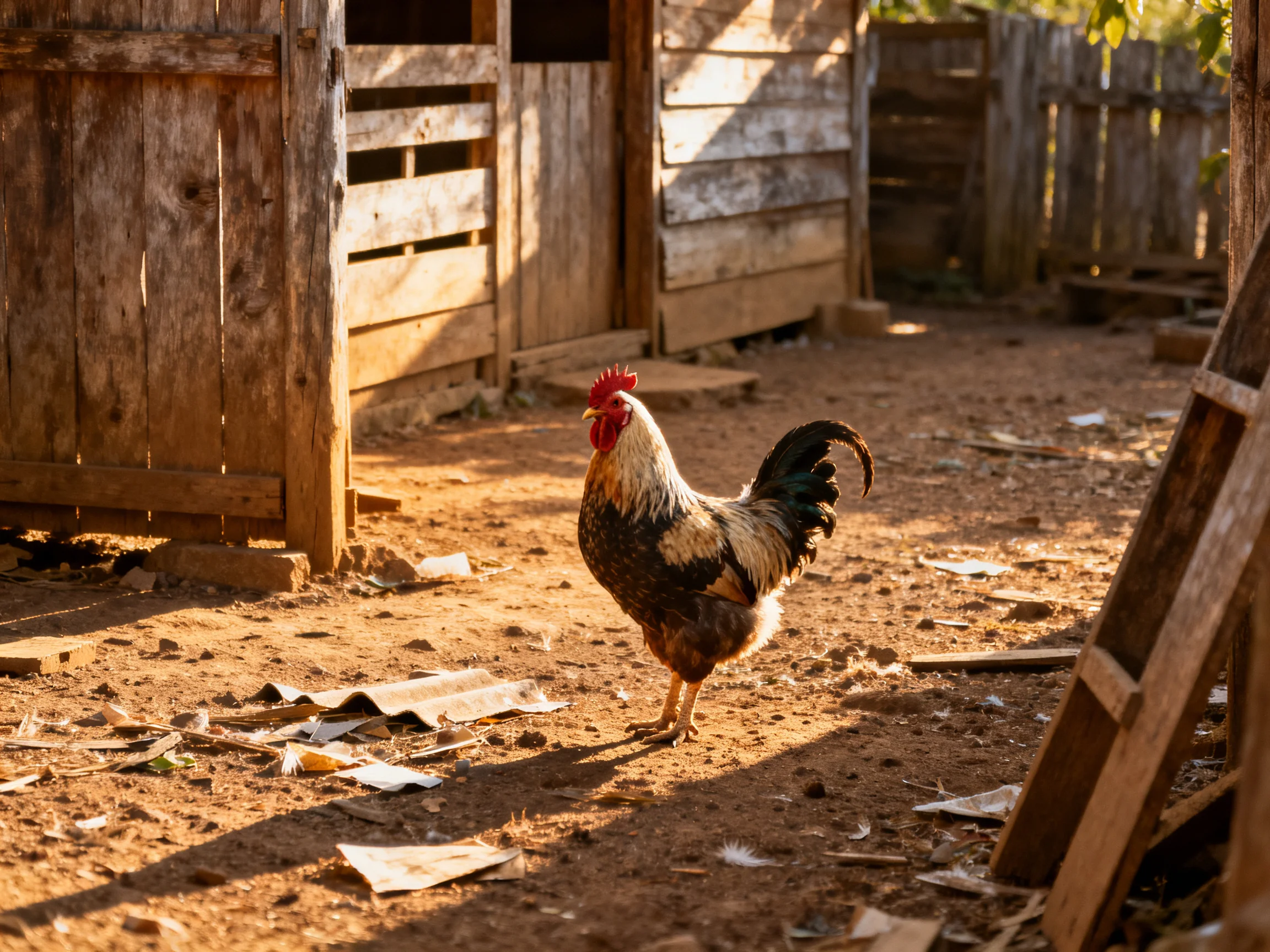 A rooster with a red comb stands near weathered wooden farm structures
