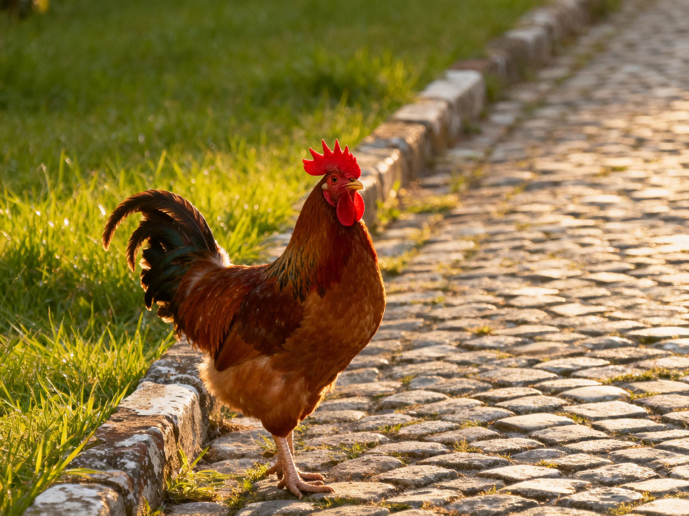 A rooster stands on a cobblestone path next to green grass.