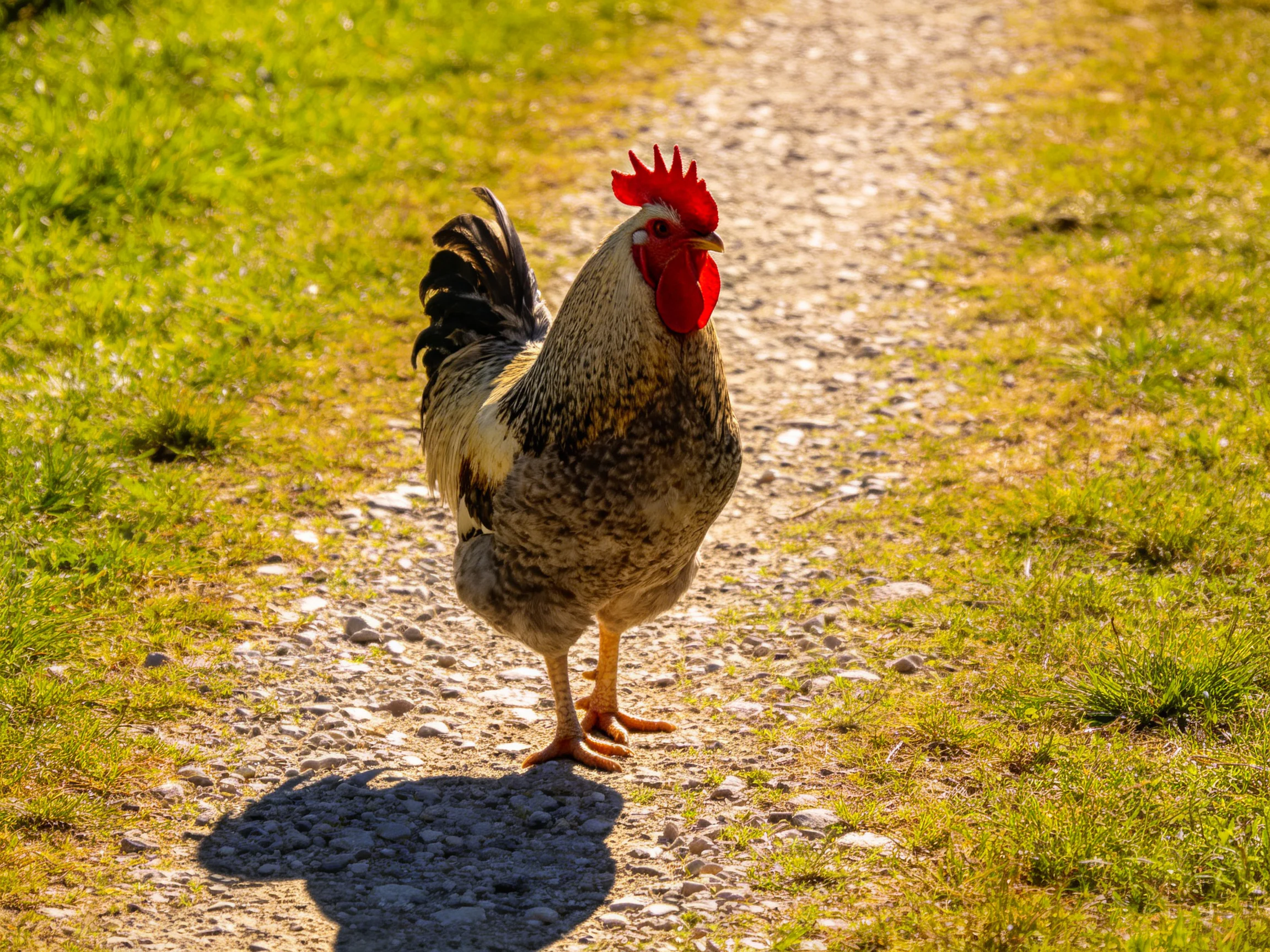 A rooster with a red comb stands on a gravel path near green grass