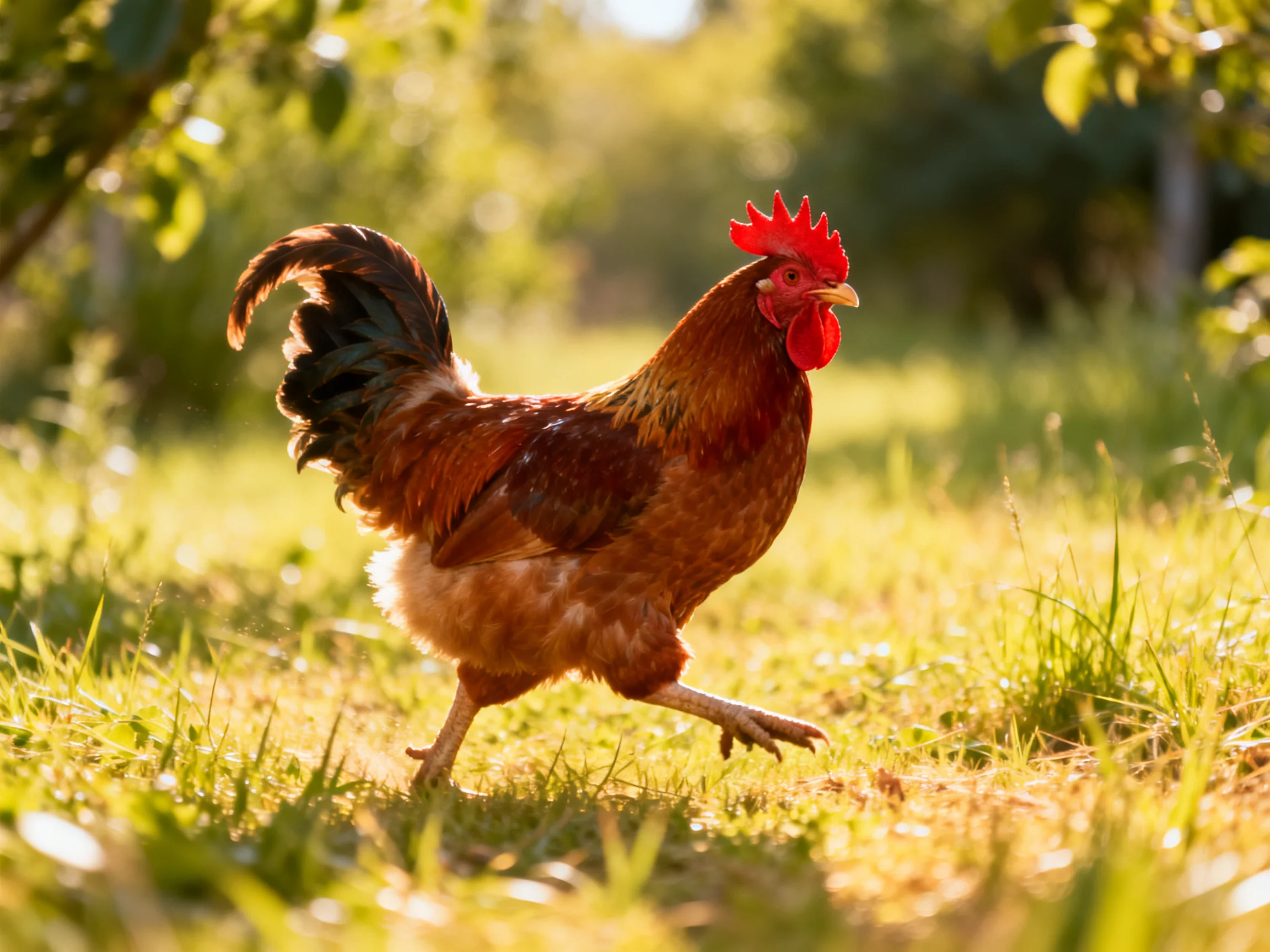 A rooster with a red comb walks through sunlit green grass