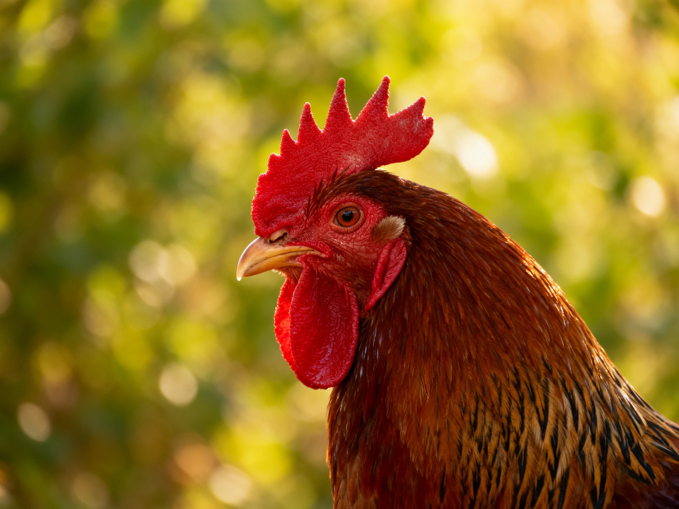 A rooster with a bright red comb is featured in a sunlit outdoor scene.
