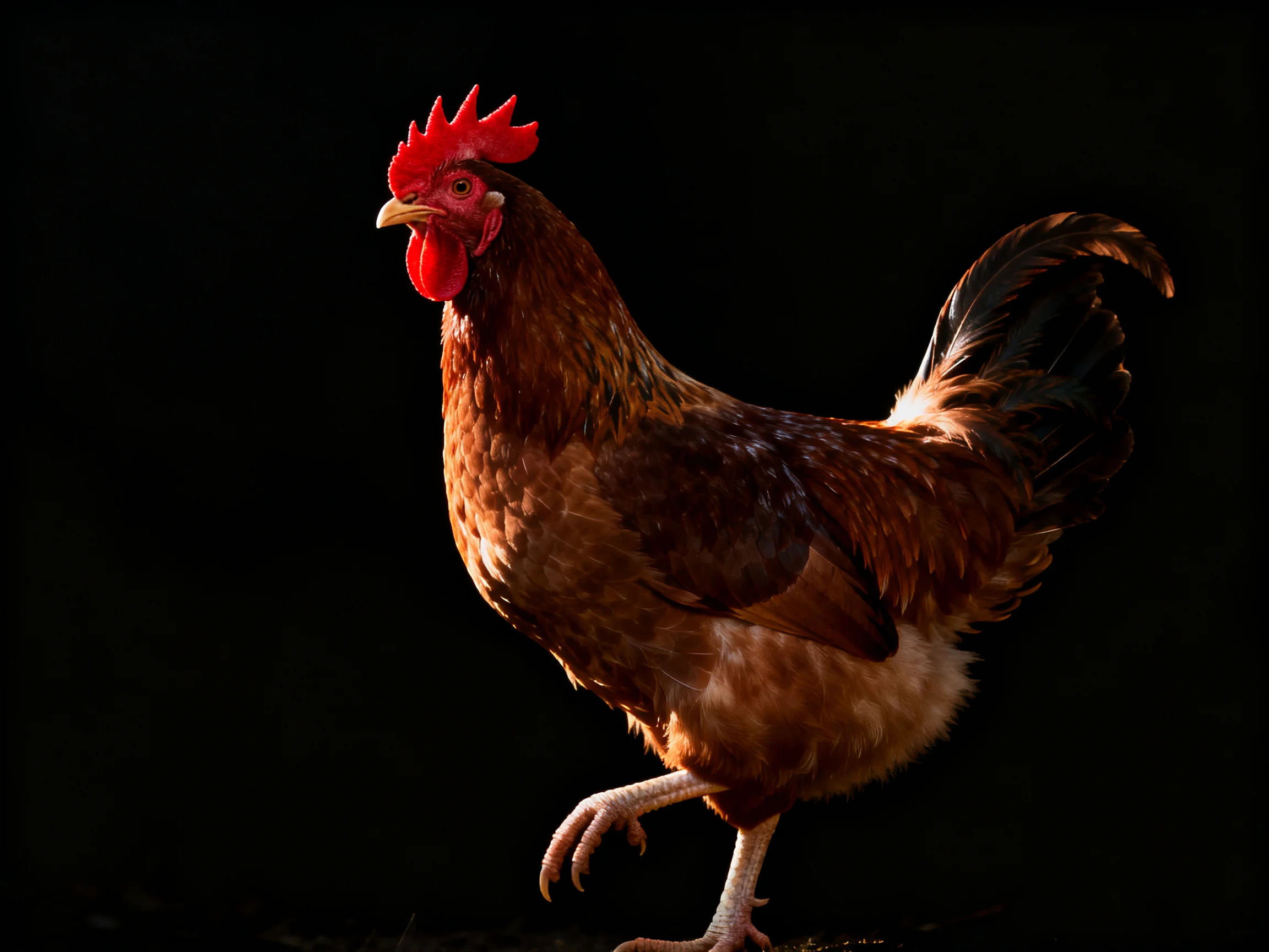 A rooster with a vivid red comb and brown plumage against a dark background