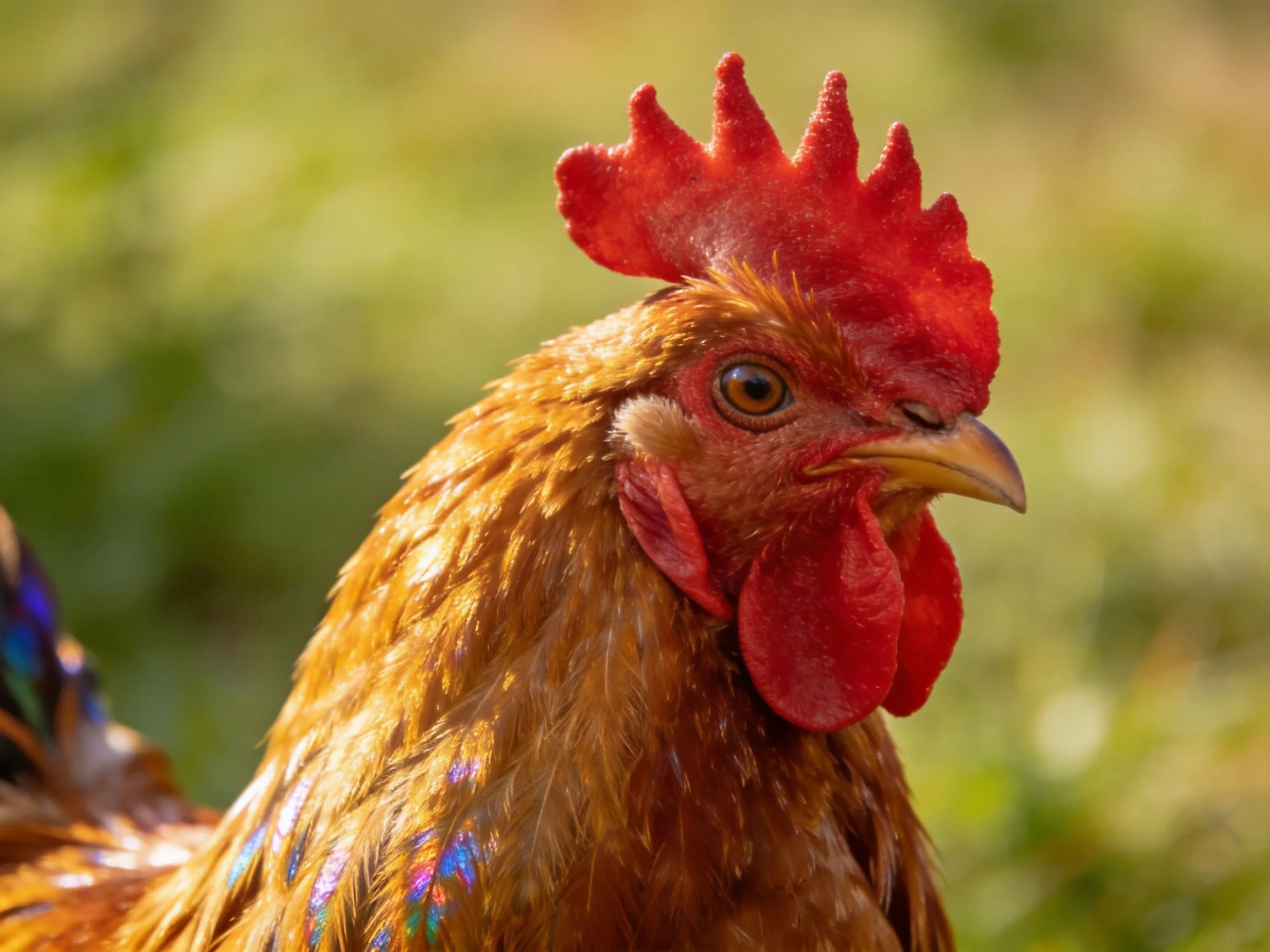 A rooster with a vivid red comb and glossy brown feathers in a sunlit outdoor scene