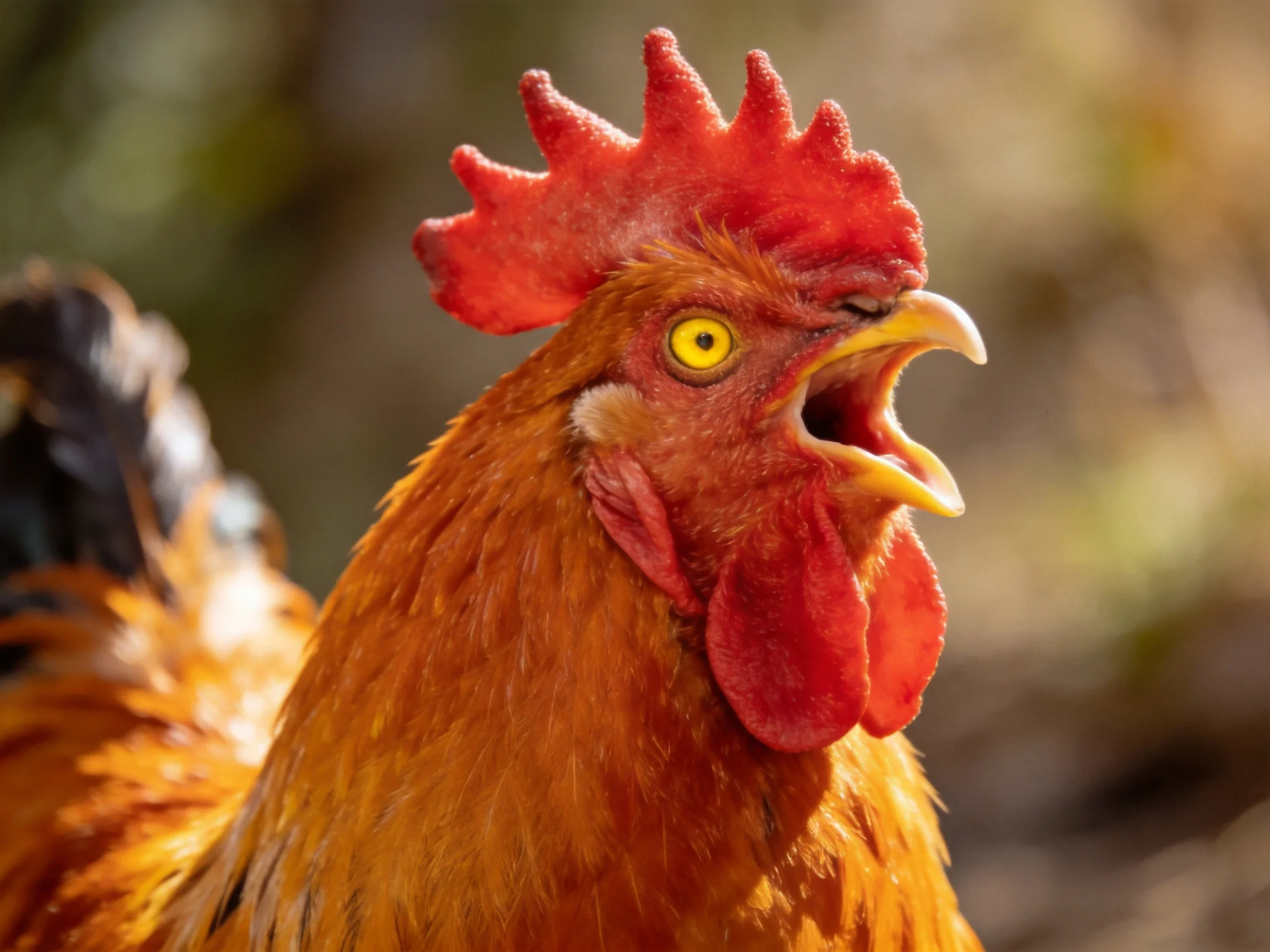 A rooster with a vivid red comb and golden feathers vocalizing outdoors
