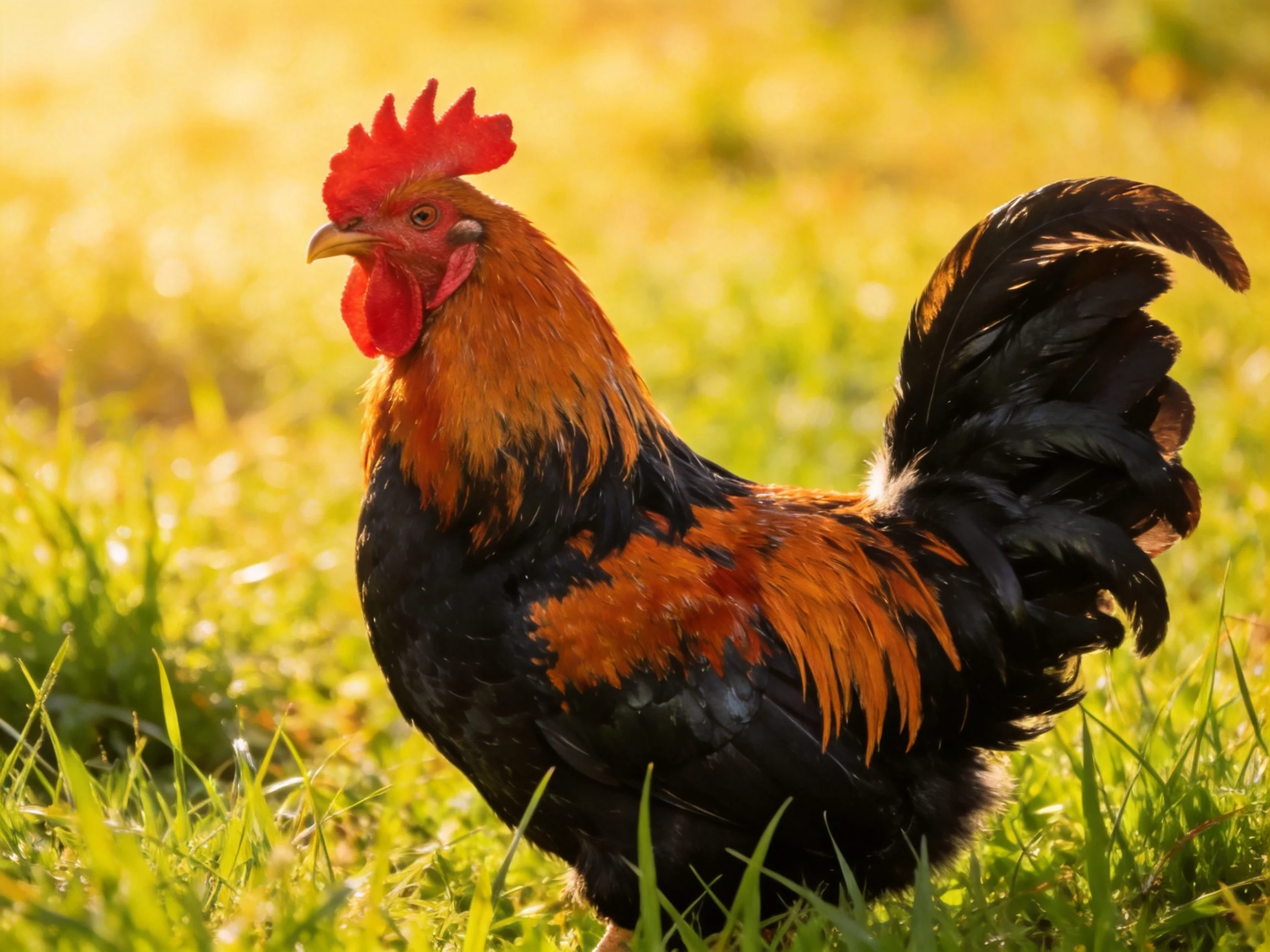 A rooster with colorful plumage stands in a sunlit grassy area.