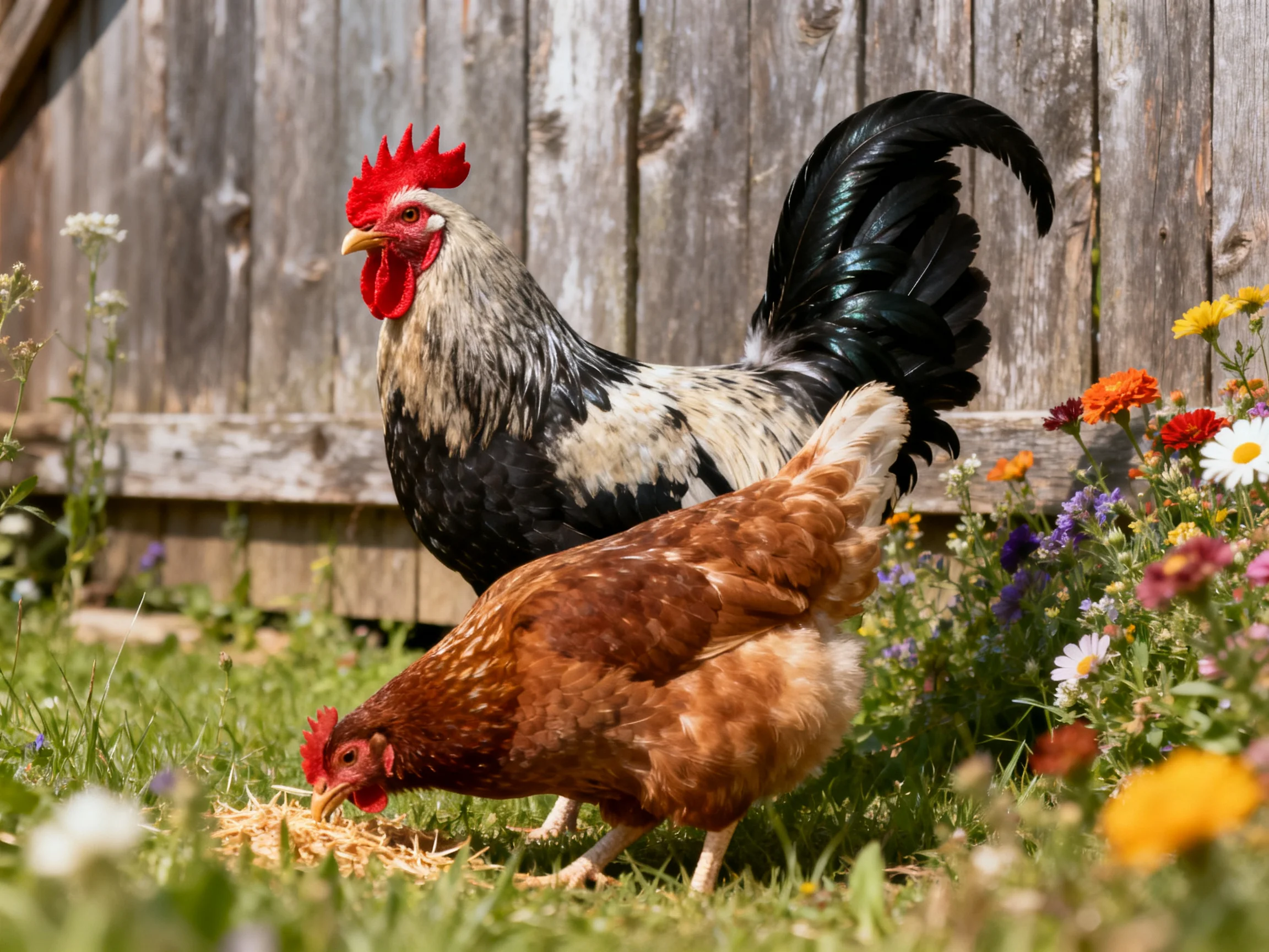 A rooster with black and silver plumage stands beside a brown hen near vibrant wildflowers