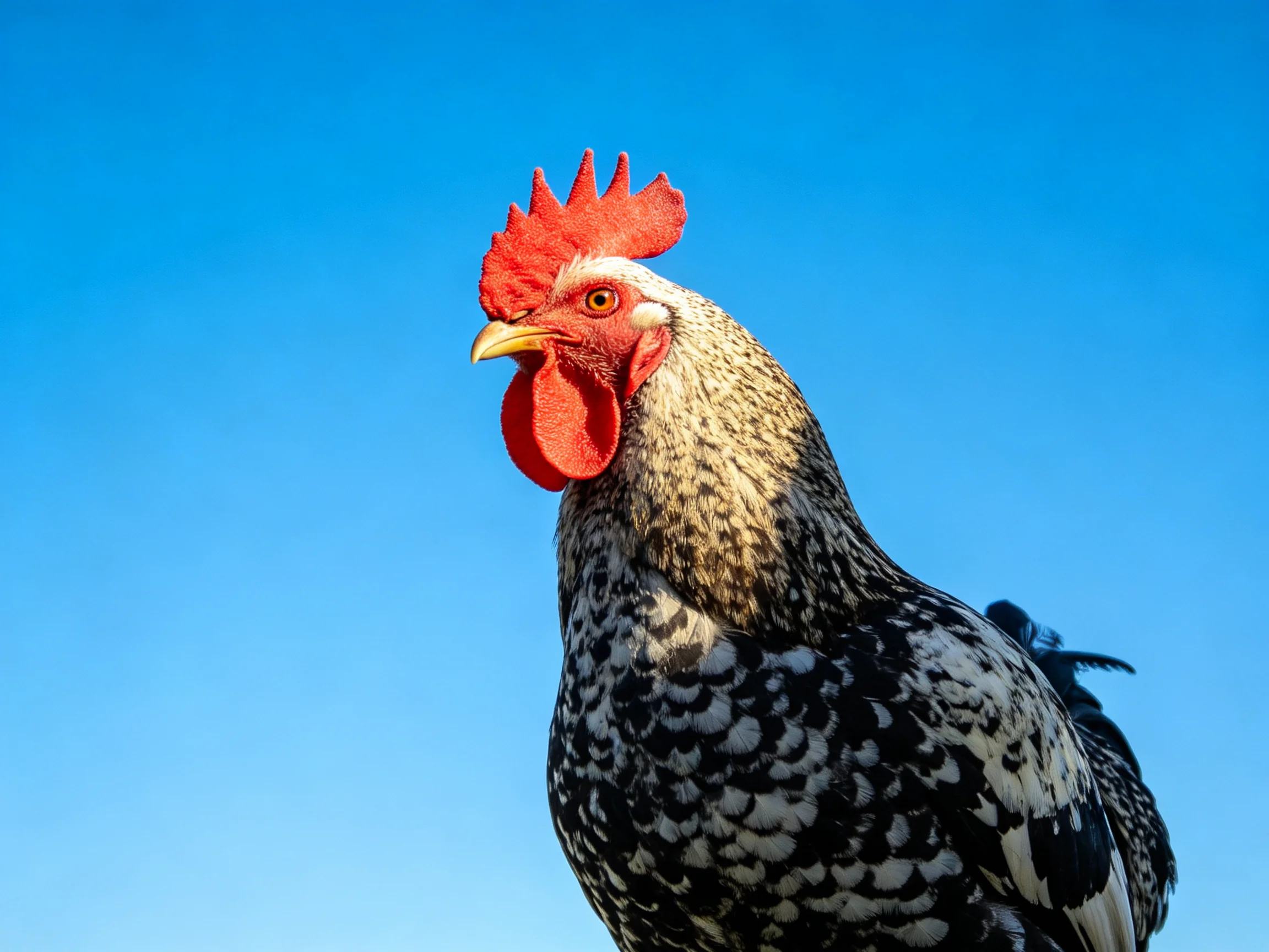 A rooster with black and white speckled feathers and a bright red comb against a clear blue sky