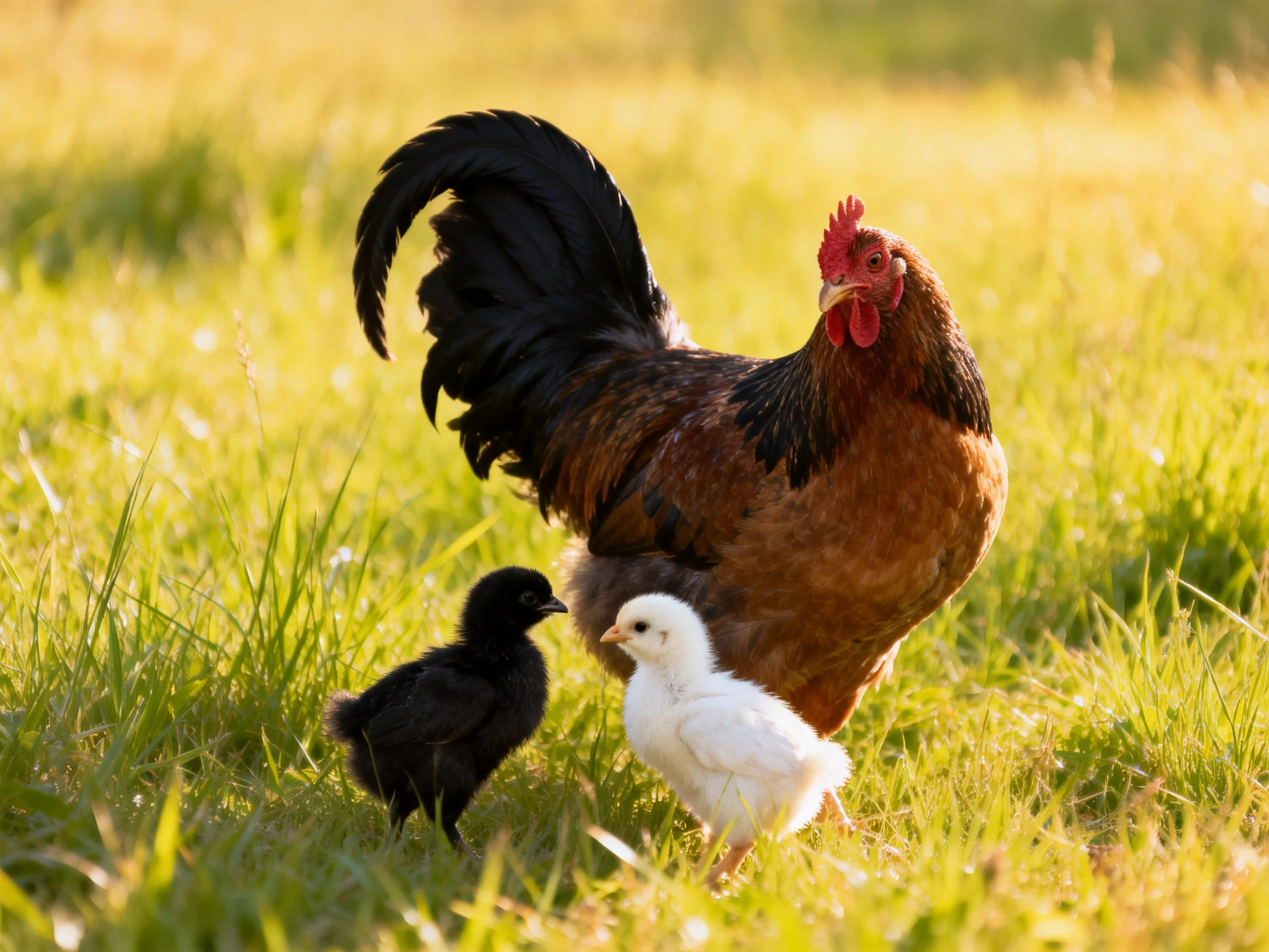 A rooster with black tail feathers stands beside two chicks, one black and one white, in a sunlit gra