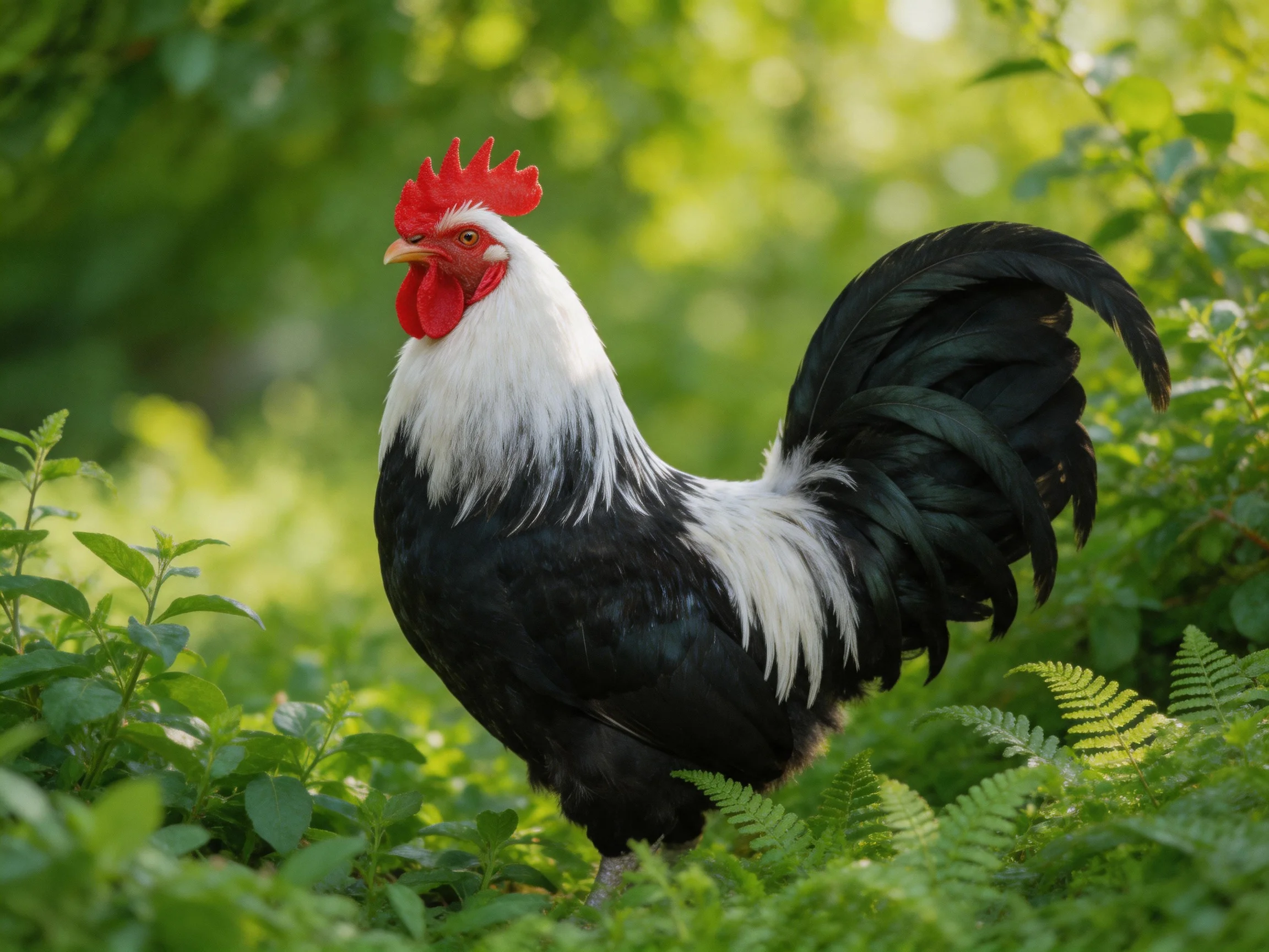 A rooster with colorful plumage is surrounded by dense green vegetation.