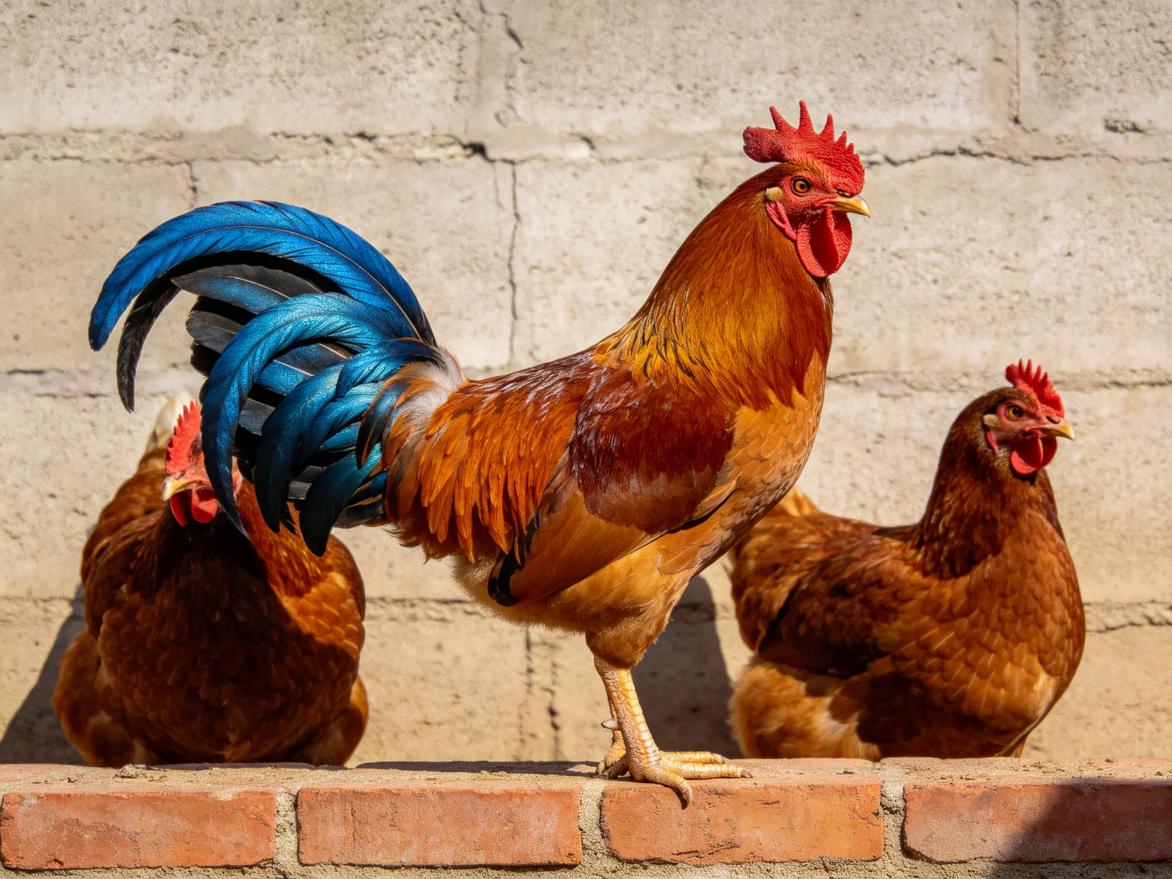 A rooster with blue tail feathers stands beside two hens near a brick wall
