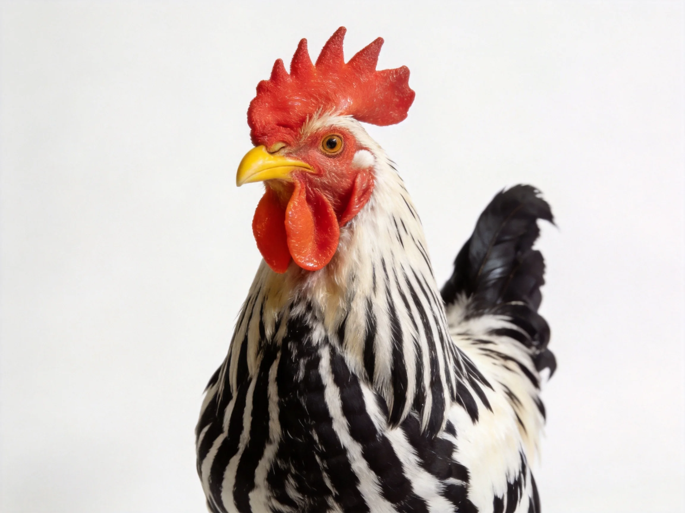A rooster with bold black and white stripes, vibrant red comb, and yellow beak