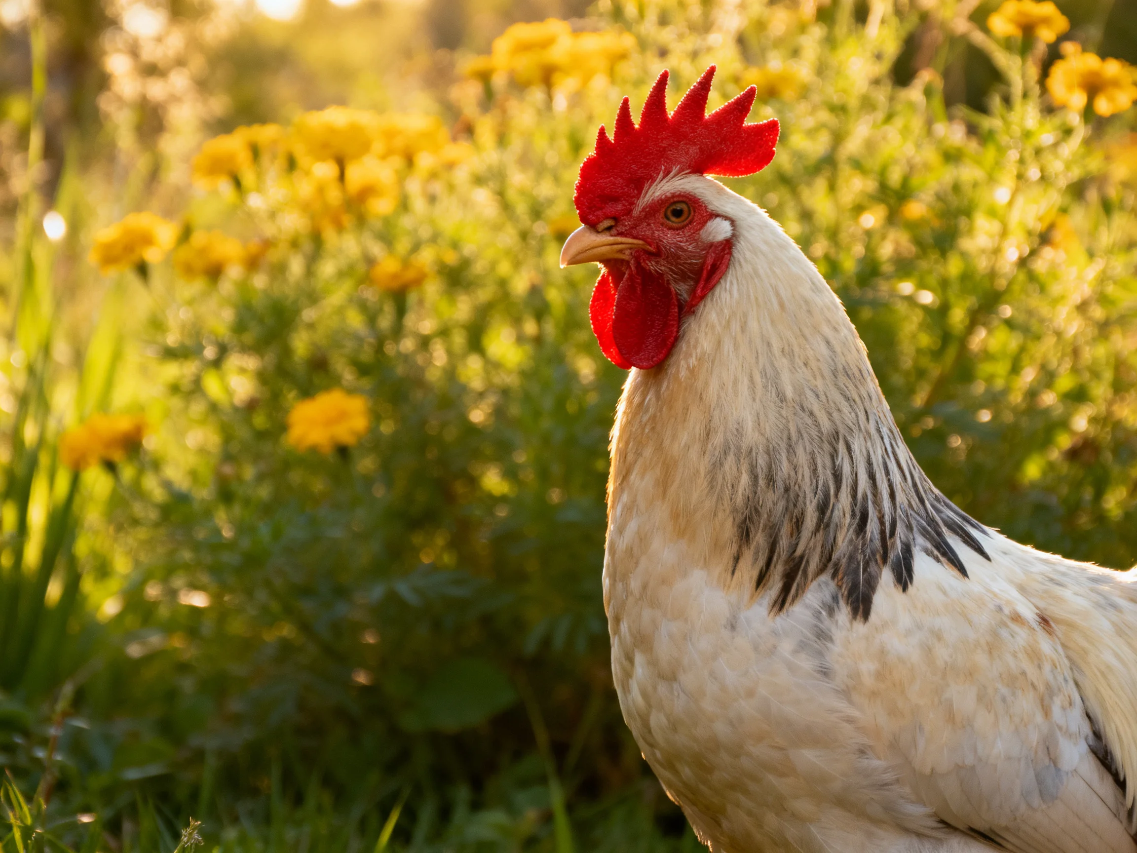 A rooster with a red comb stands near yellow flowers in a sunlit outdoor setting.