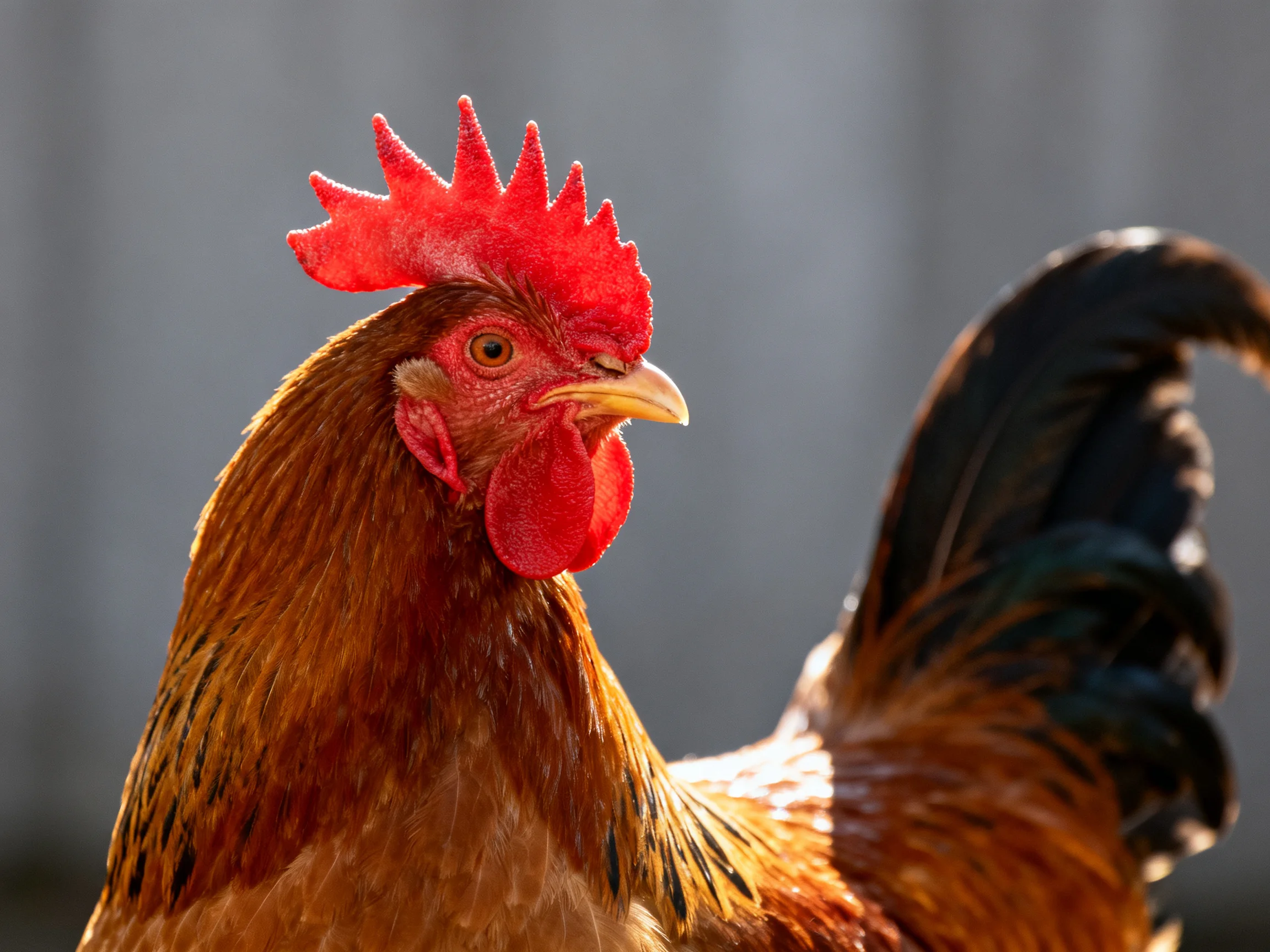 A rooster with a bright red comb and brown feathers is shown up close with a blurred background.