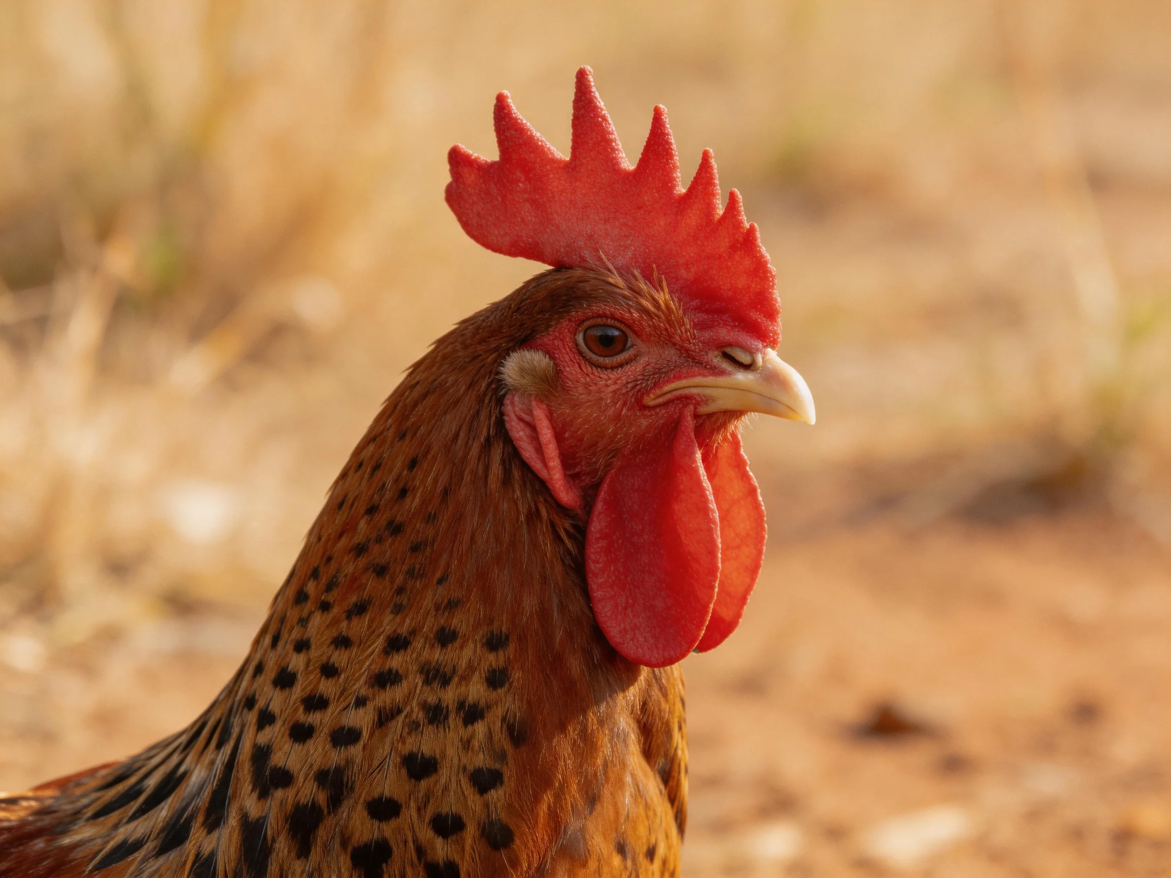 A rooster with bright red comb and brown spotted feathers