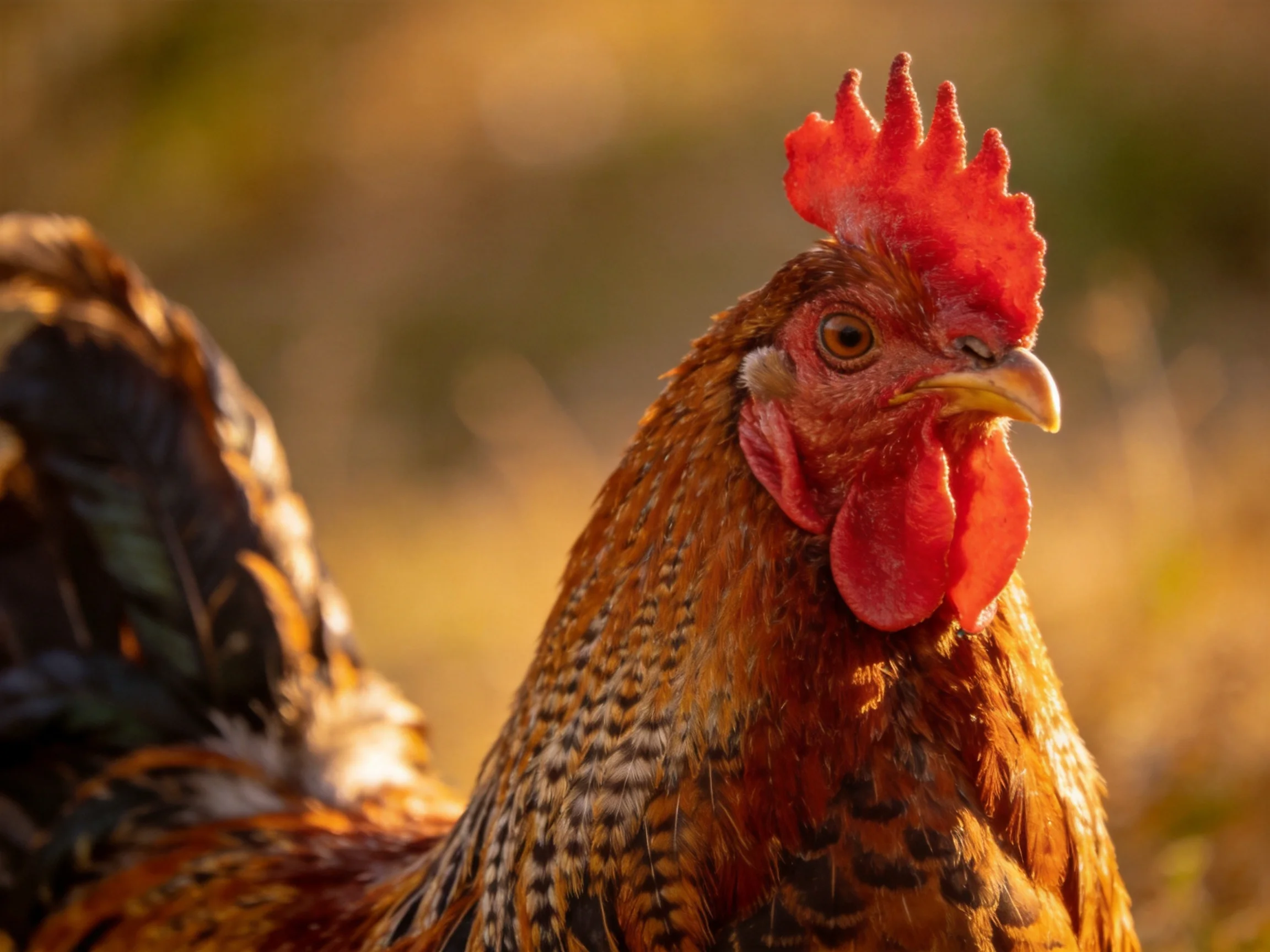 A rooster with bright red comb and detailed feather patterns