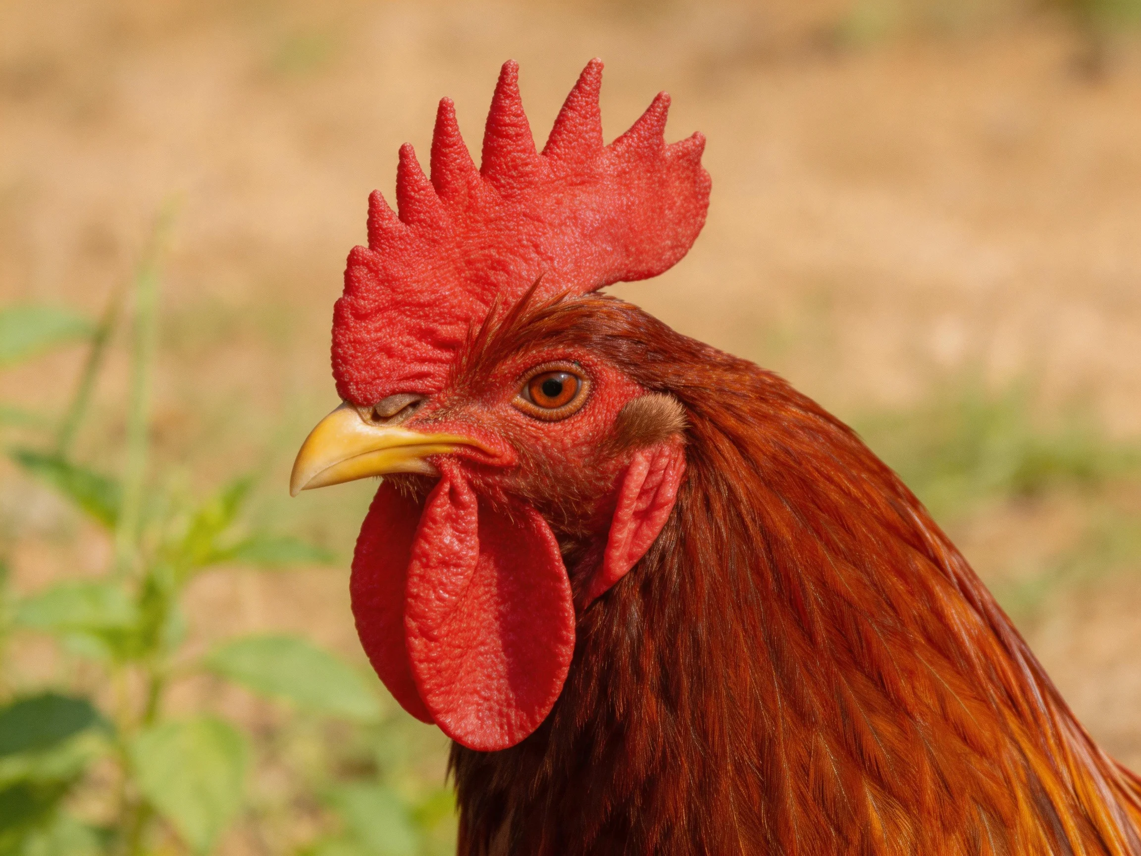 A rooster with bright red comb and glossy brown feathers
