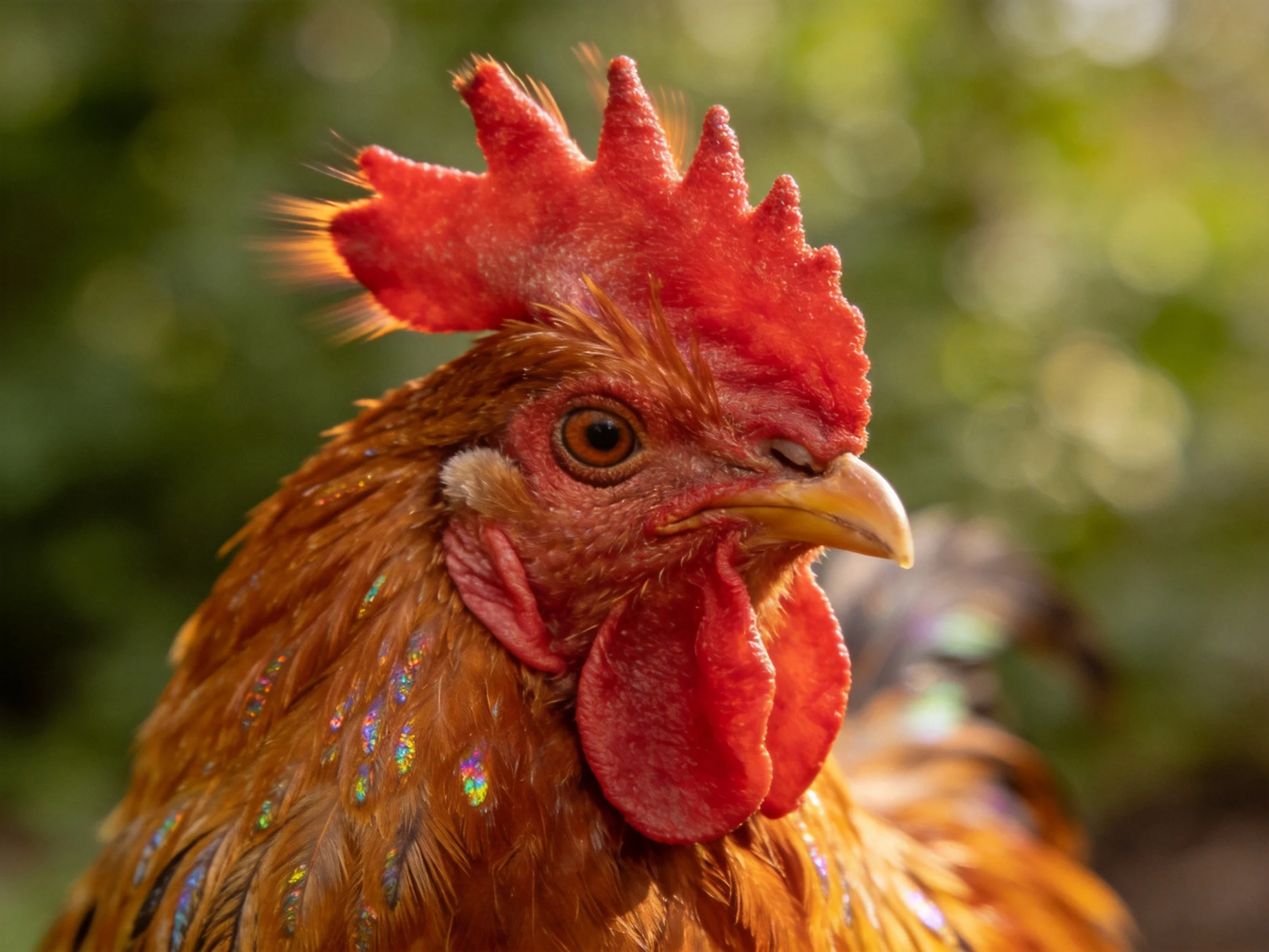 A rooster with bright red comb and glossy golden-brown feathers in natural light