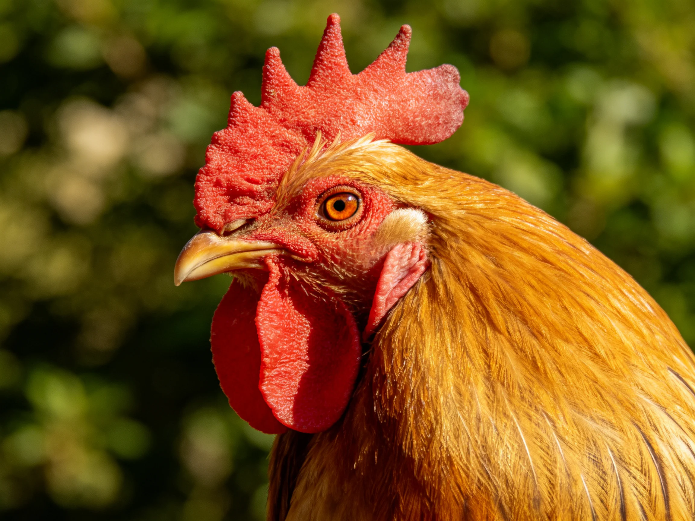 A rooster with a red comb and golden feathers stands out amid blurred greenery.