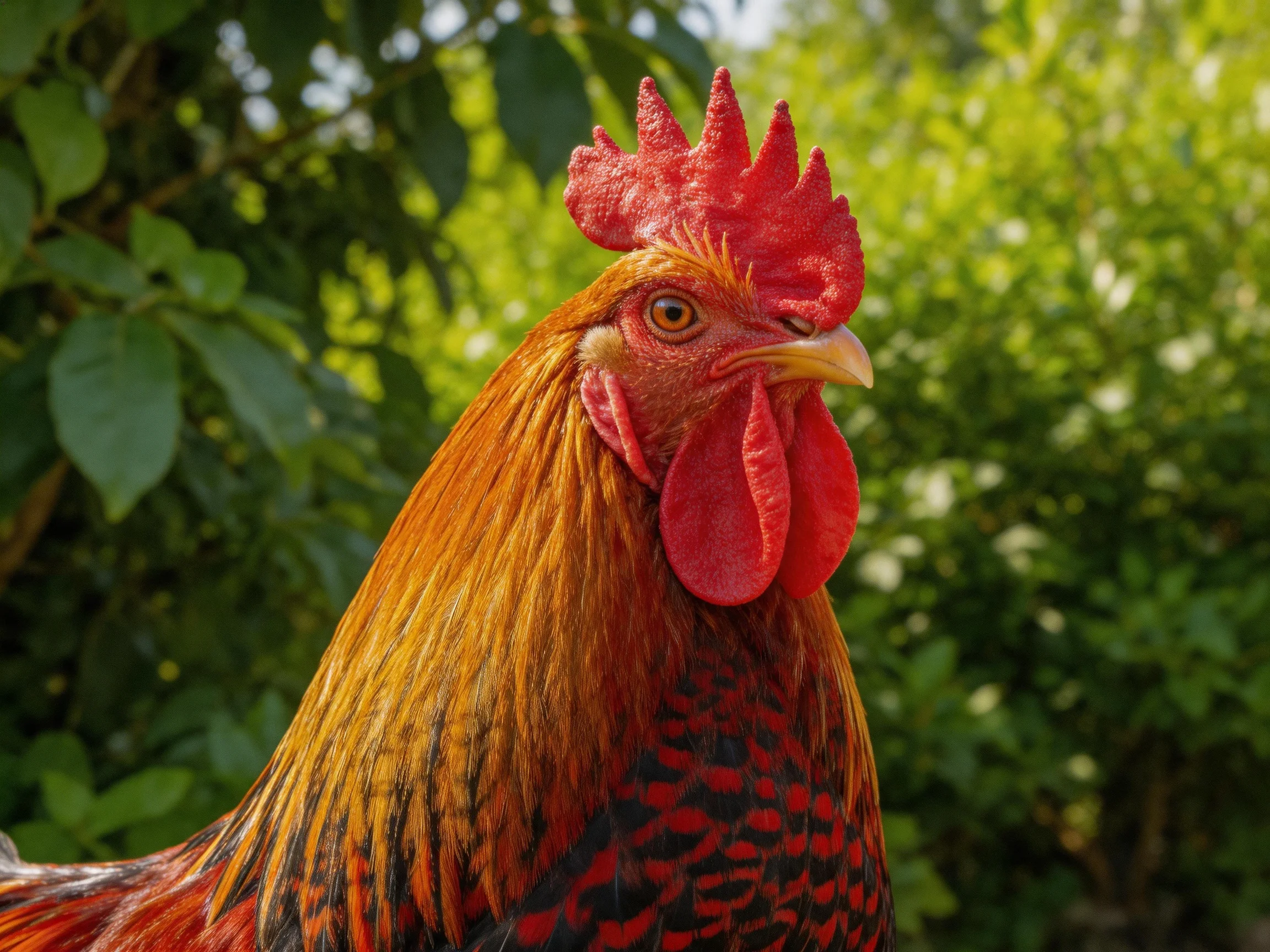 A rooster with bright red comb and orange-brown plumage stands before dense green foliage