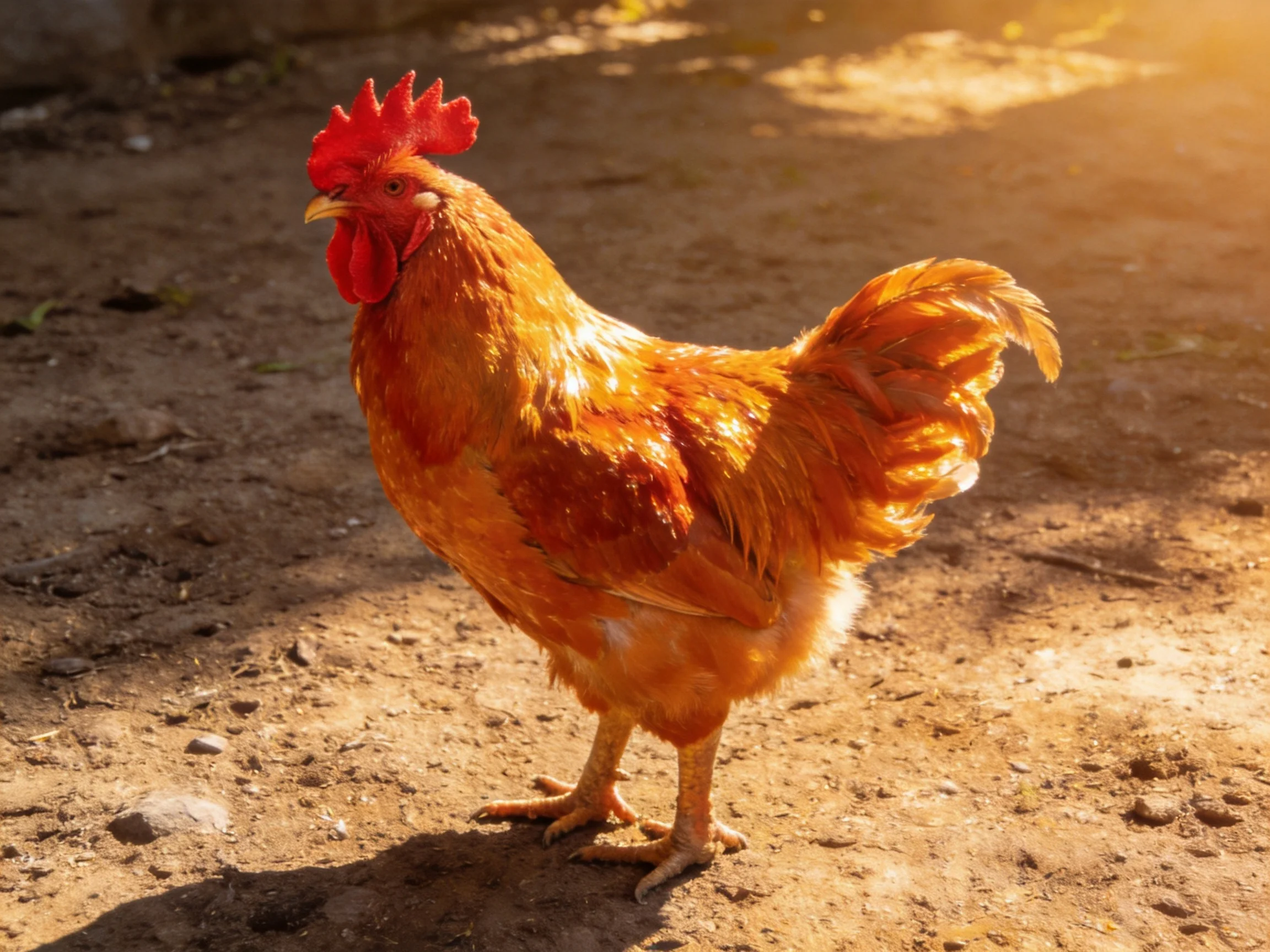 A rooster with a bright red comb stands on sunlit dirt ground