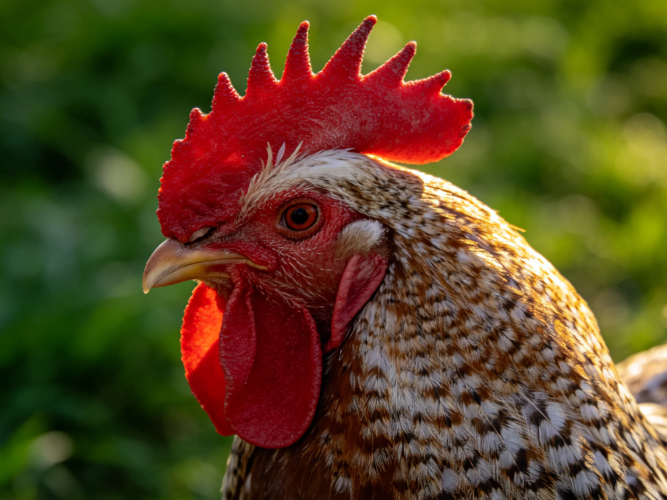 A rooster with bright red comb and speckled brown-and-white feathers in a green setting