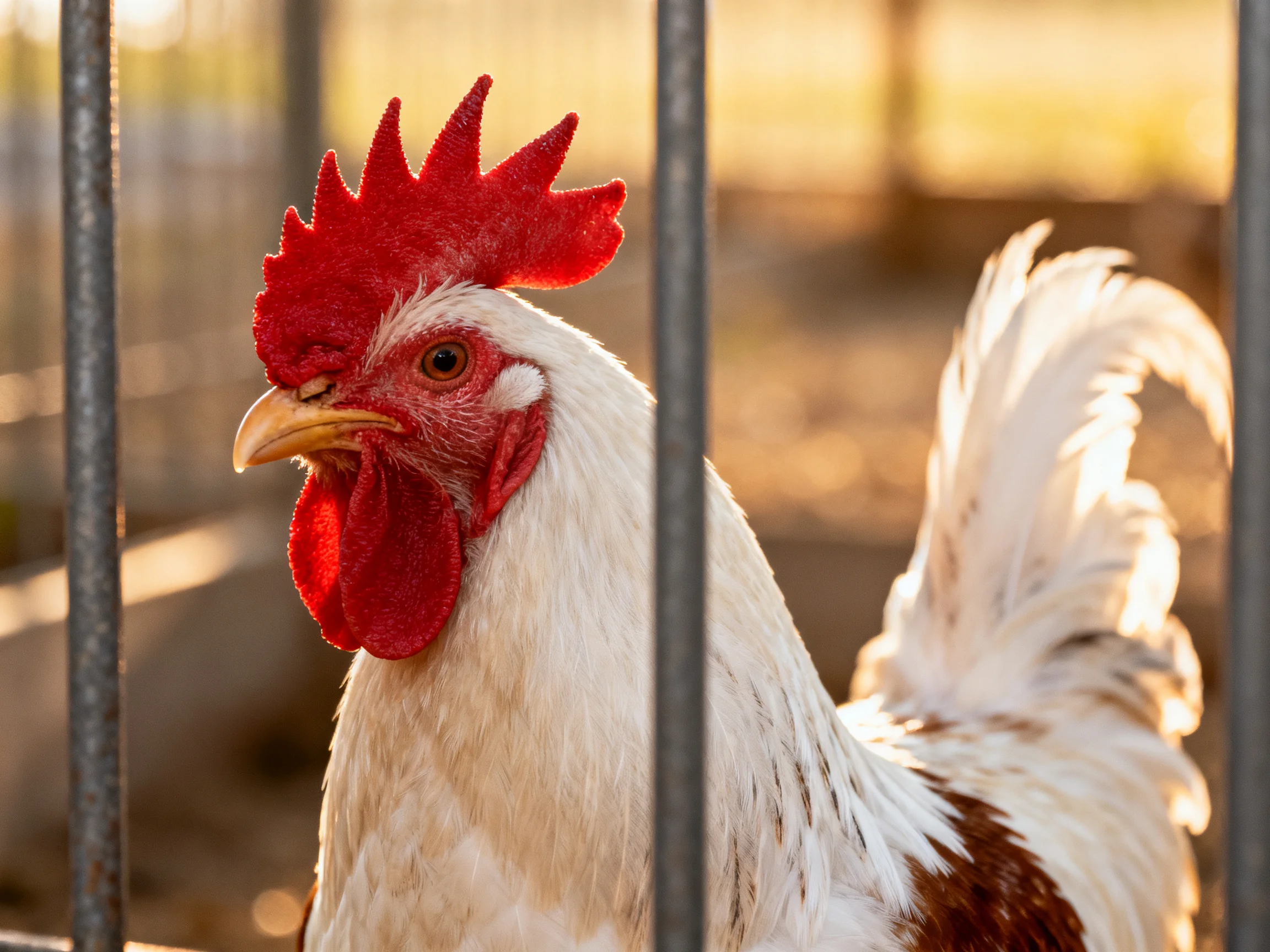 A rooster with bright red comb and wattles behind metal bars