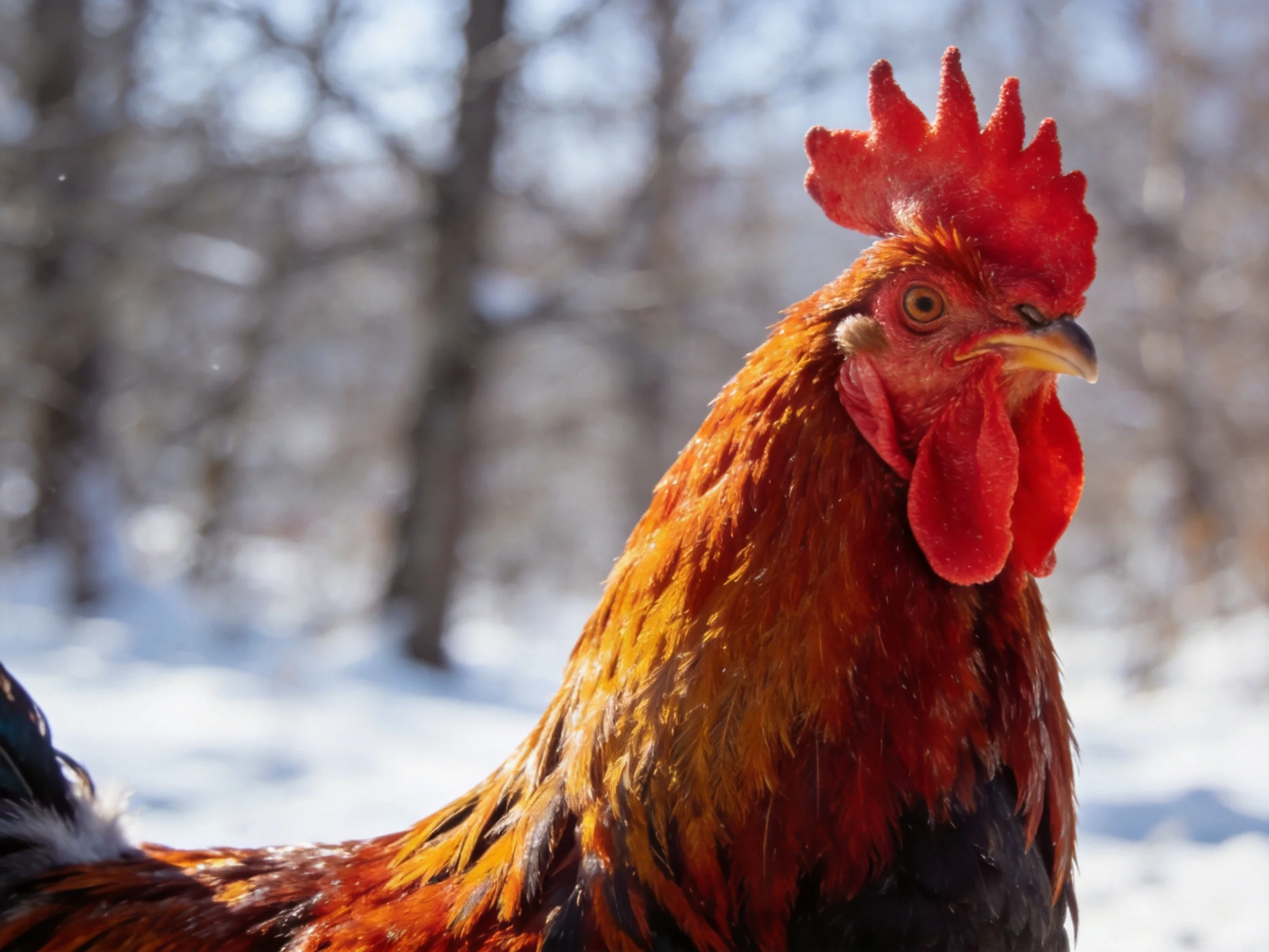 A rooster with bright red comb and wattles in a snowy outdoor scene