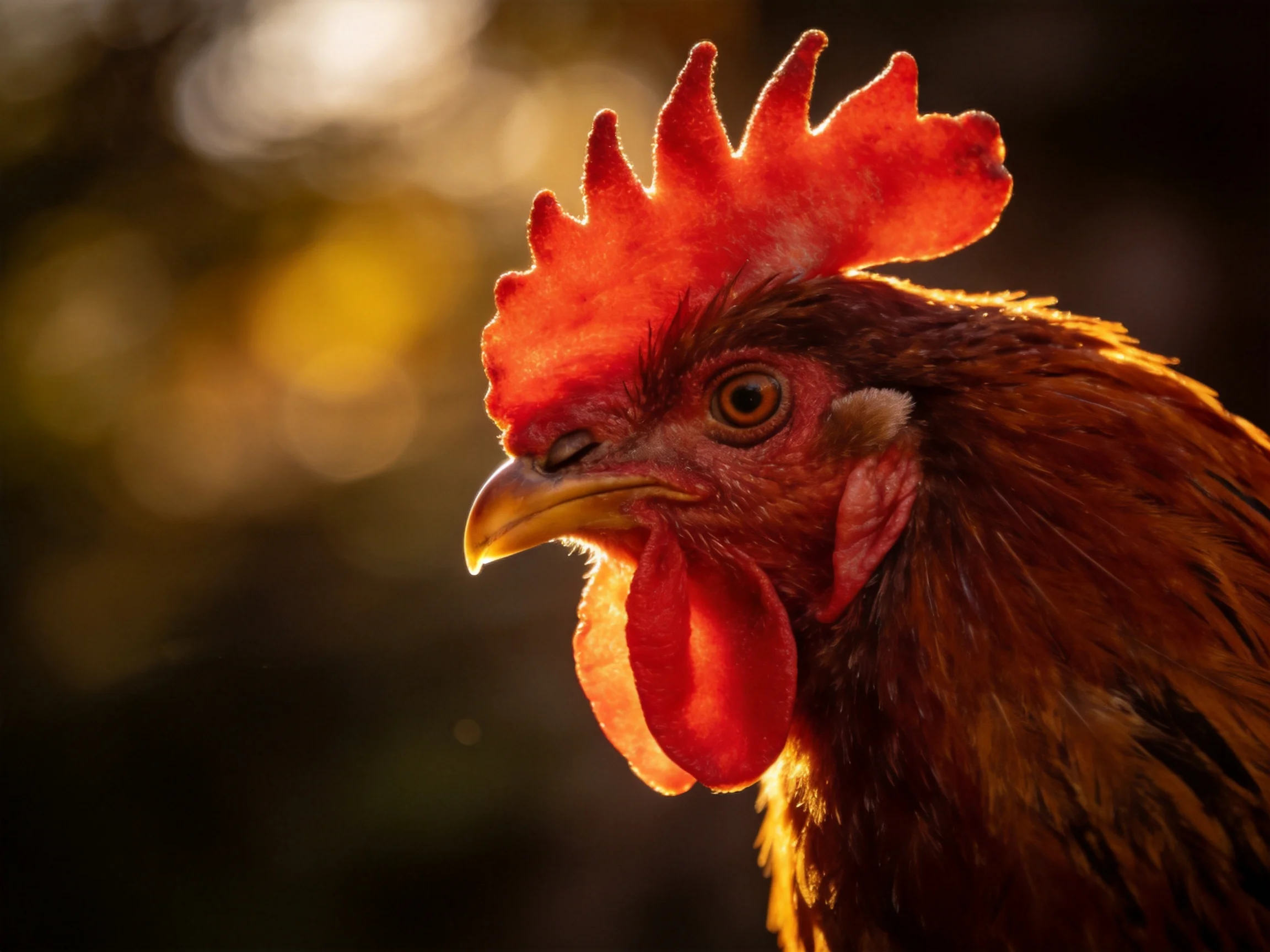 A rooster with bright red comb and wattles in golden light